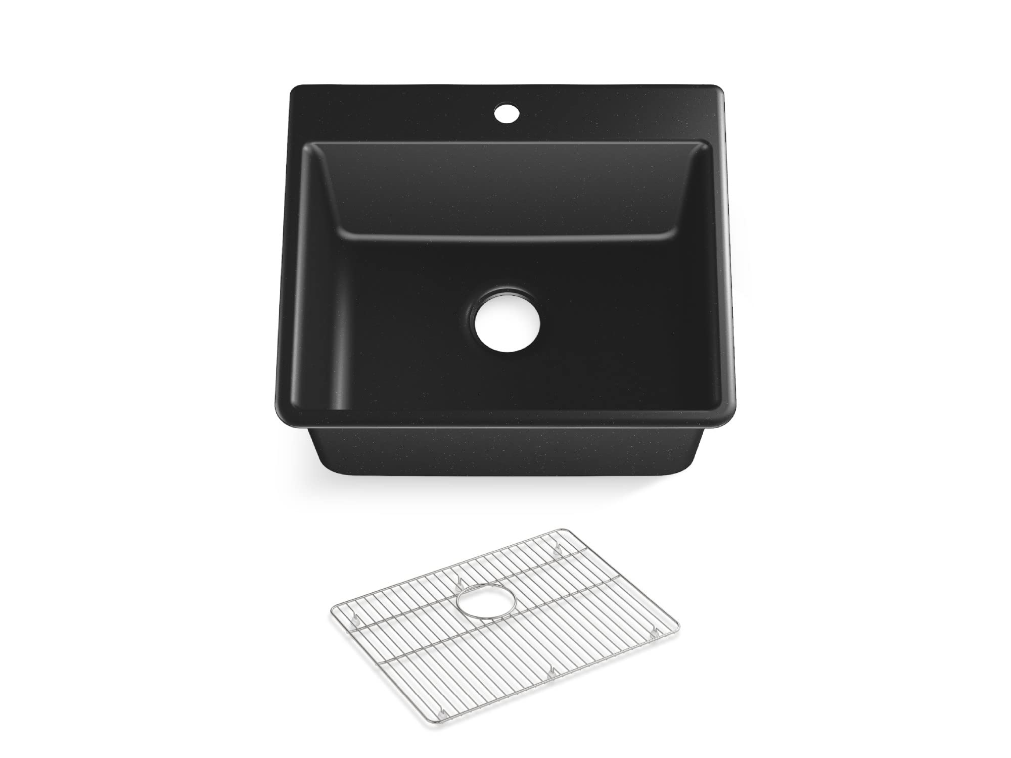 KOHLER 28003-1-CM1 Kennon 25-Inch Undermount or Top Mount Single Bowl Kitchen Sink | Matte Black Composite Utility Sink with Drain Rack | Perfect for Modern Kitchens & Laundry Rooms