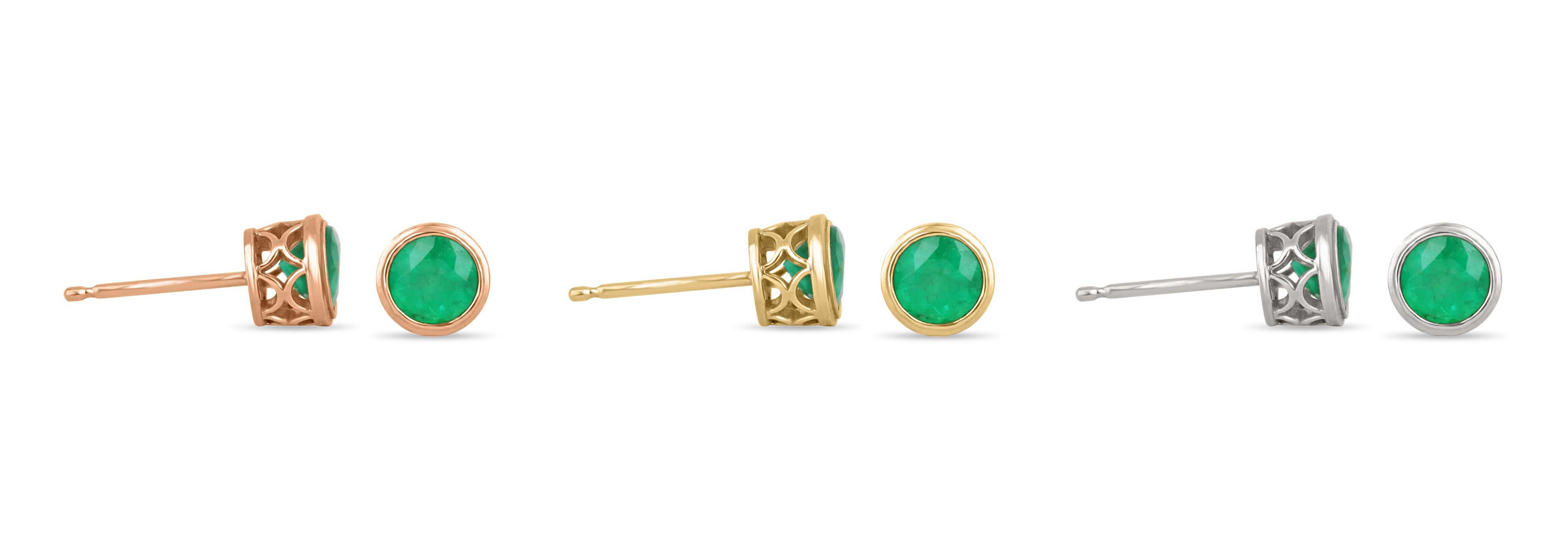 14K Rose Gold Round Cut Emerald Stud Earrings - 1.40tcw Rich Green Gemstone for Women, Gift for Her, Birthday, Anniversary, Wedding, Party & Special Occasions