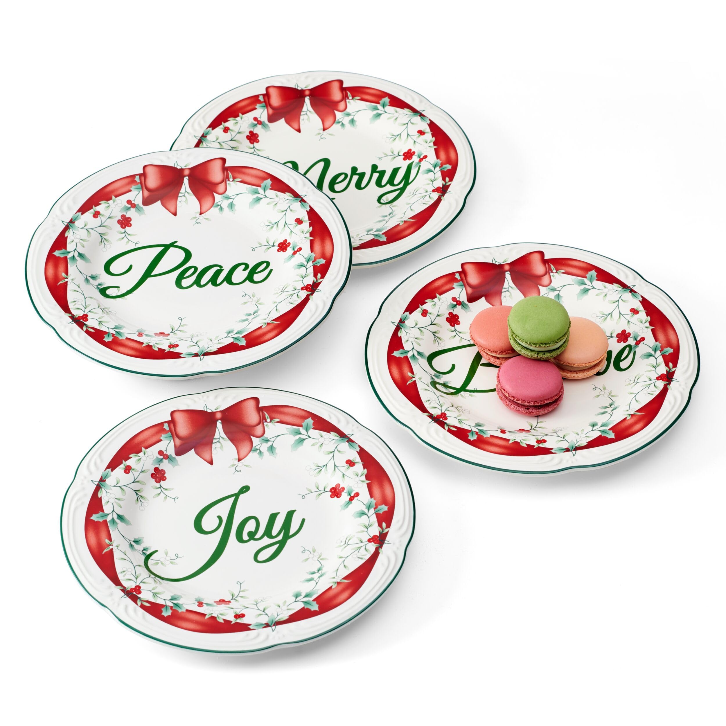 Pfaltzgraff Winterberry Red Ribbon Salad Plates Set of 4 - Elegant Dinnerware for Holiday Entertaining & Christmas Table Decor