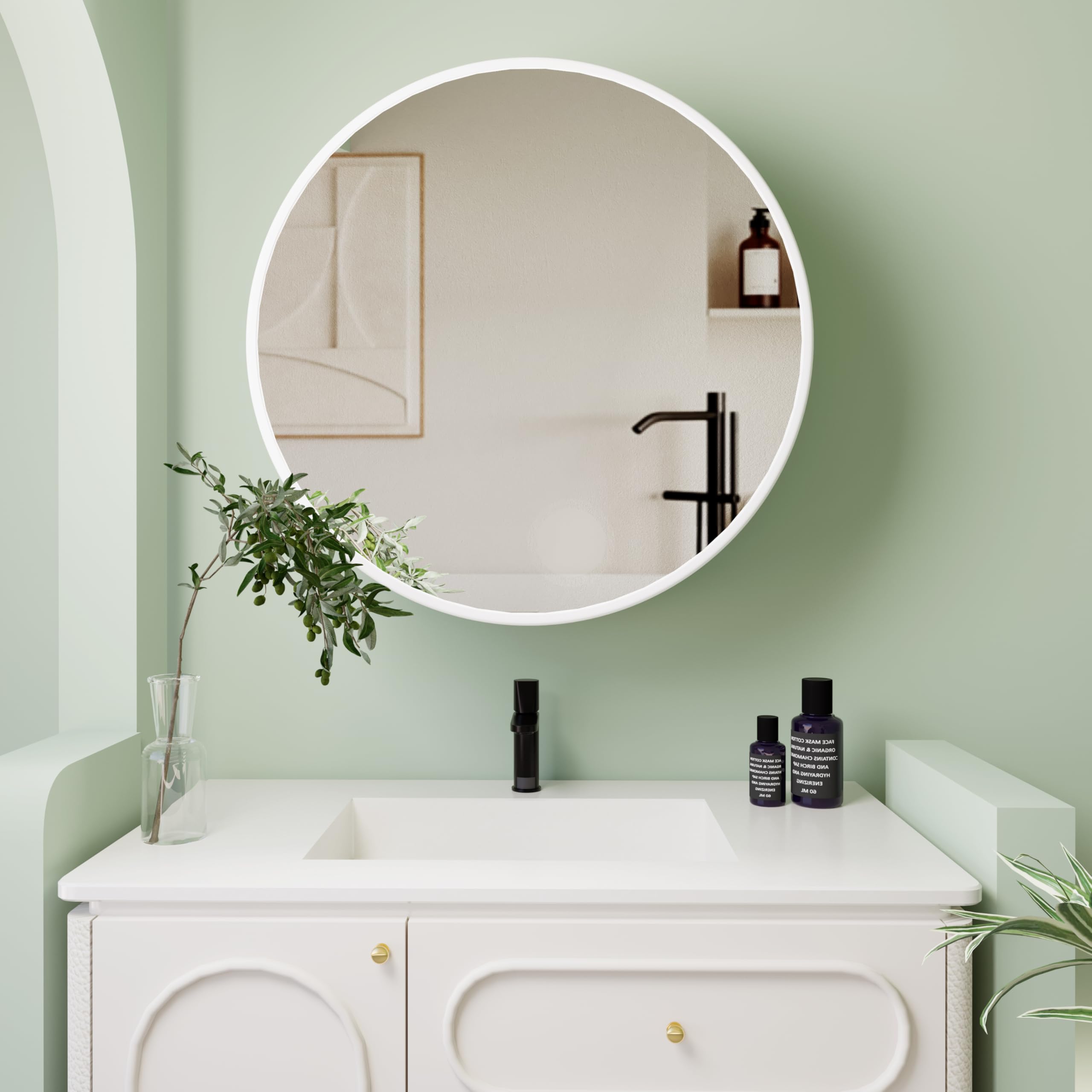 Round Medicine Cabinet Mirror with Shelf - Bathroom Wall Mounted Storage Cabinet with Vanity Mirror, Surface Mount Above Toilet Organizer (White) - Perfect for Small Bathrooms, Powder Rooms & Apartment Living