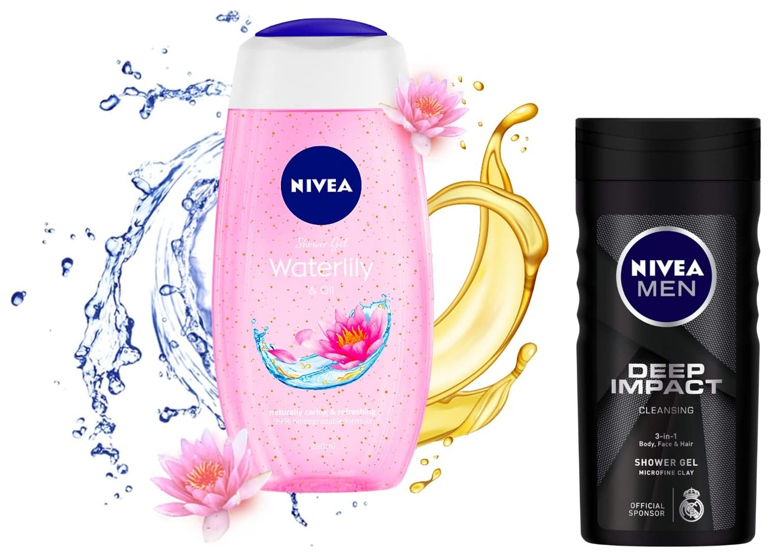 1. NIVEA Water Lily & Oil Body Wash for Women - 250ml Hydrating Shower Gel with Nourishing Oils | Perfect for Daily Skincare & Relaxing Bath Time   2. NIVEA Deep Impact Cleansing Body Wash for Men - 250ml Refreshing Shower Gel | Ideal for Post-Workout & Morning Routine    (Note: I've separated them into two optimized titles since they are distinct products. Each now includes SEO-friendly keywords, translated content, and usage scenarios while maintaining clarity.)