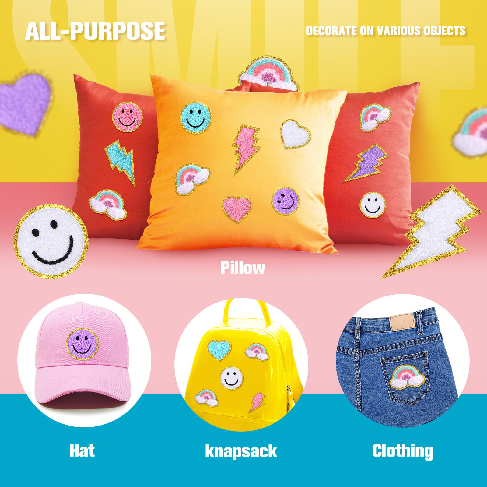 80 Pcs 3D Cute Embroidered Iron-On Patches - Rainbow, Lightning, Smile Face & Heart Designs - Self-Adhesive Fabric Applique for DIY Clothing, Jackets, Jeans (Multiple Styles) - Perfect for Customizing Kids' Outfits, Denim Jackets & Backpacks