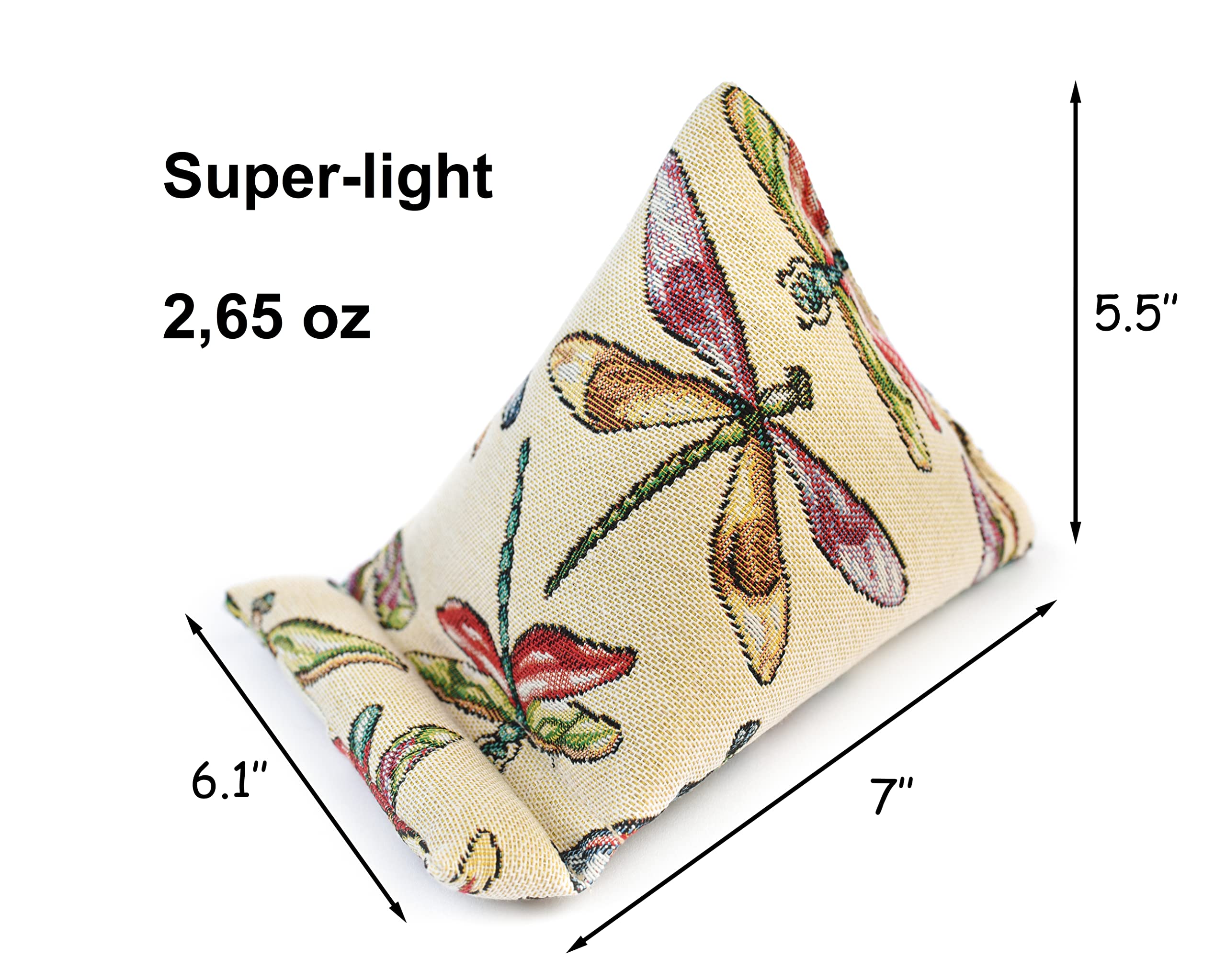 Handmade Fabric Phone Pillow Stand for iPhone & Smartphones - The Wedge Mobile Device Holder (7x6.1x5.5 Inches, Dragonfly Design) - Perfect for Bed, Sofa, Desk & Travel Use