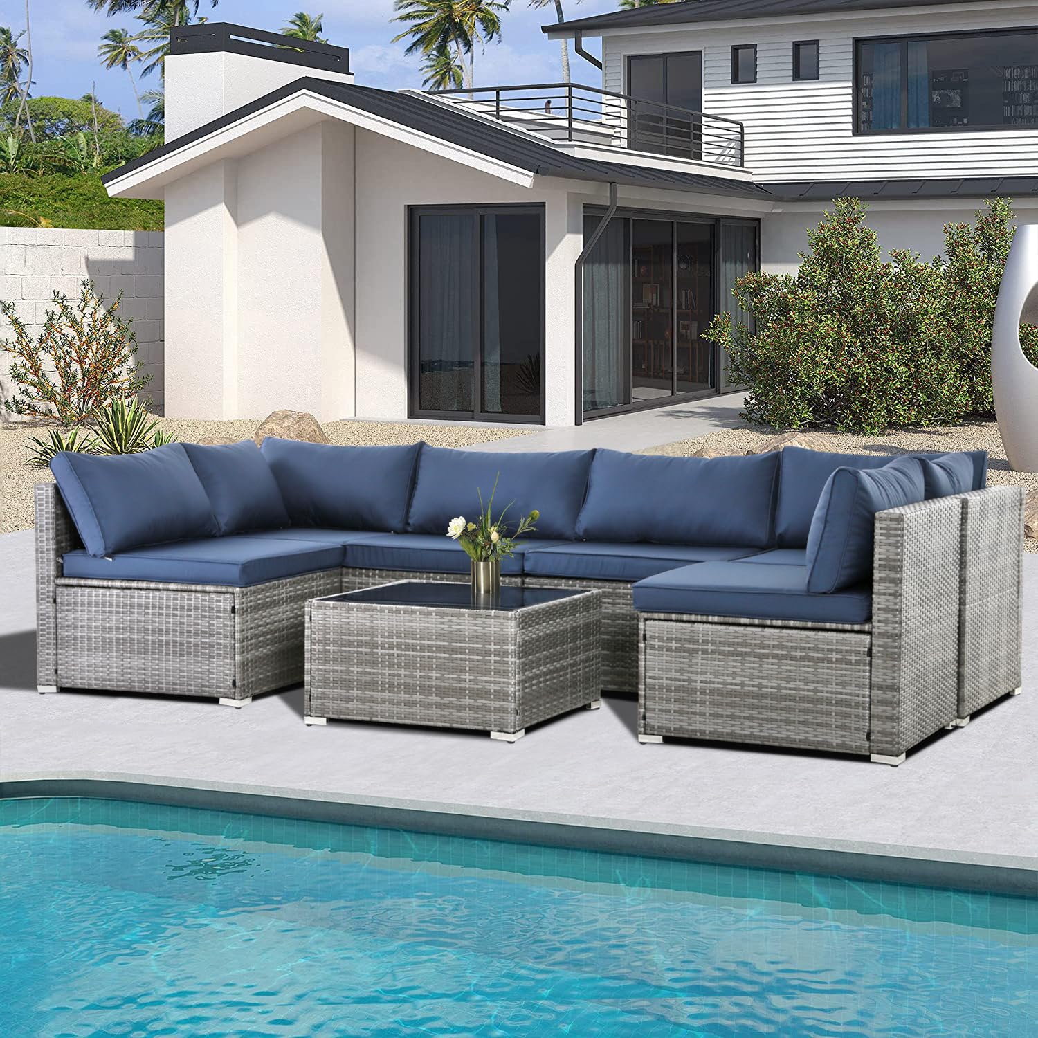 7-Piece Modular Patio Furniture Set - PE Rattan Wicker Outdoor Sectional Sofa with Thickened Cushions & Coffee Table (Gray Wicker/Navy) - Perfect for Backyard, Garden, Poolside & Patio Relaxation