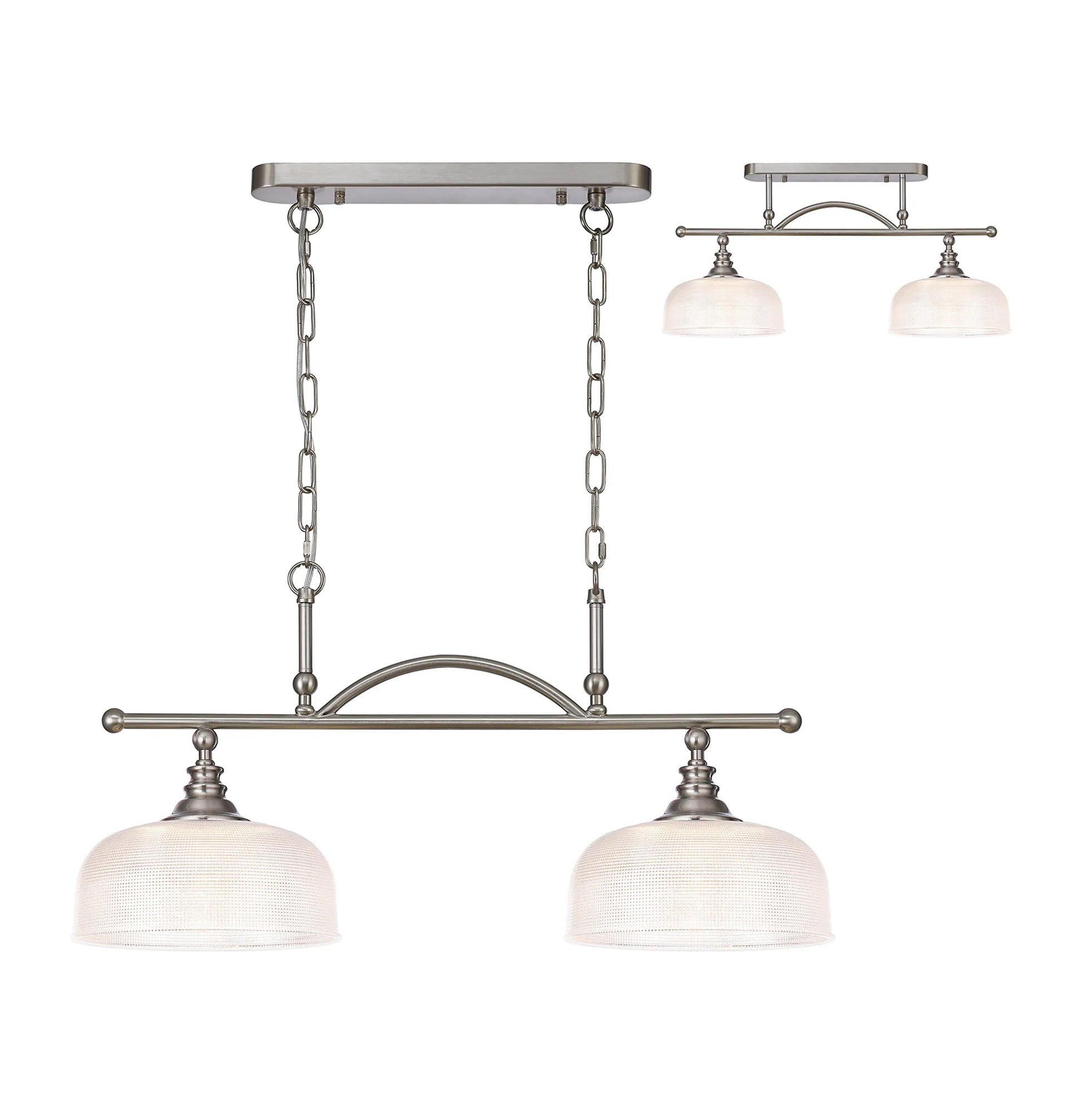Cleron Semi Flush Mount Ceiling Light - Adjustable 2/3 Light Kitchen Lighting Fixture with E27 Socket in Satin Nickel, Polished Nickel & Antique Brass Finish - Prismatic Glass Shade for Dining Room, Bedroom or Hallway Lighting