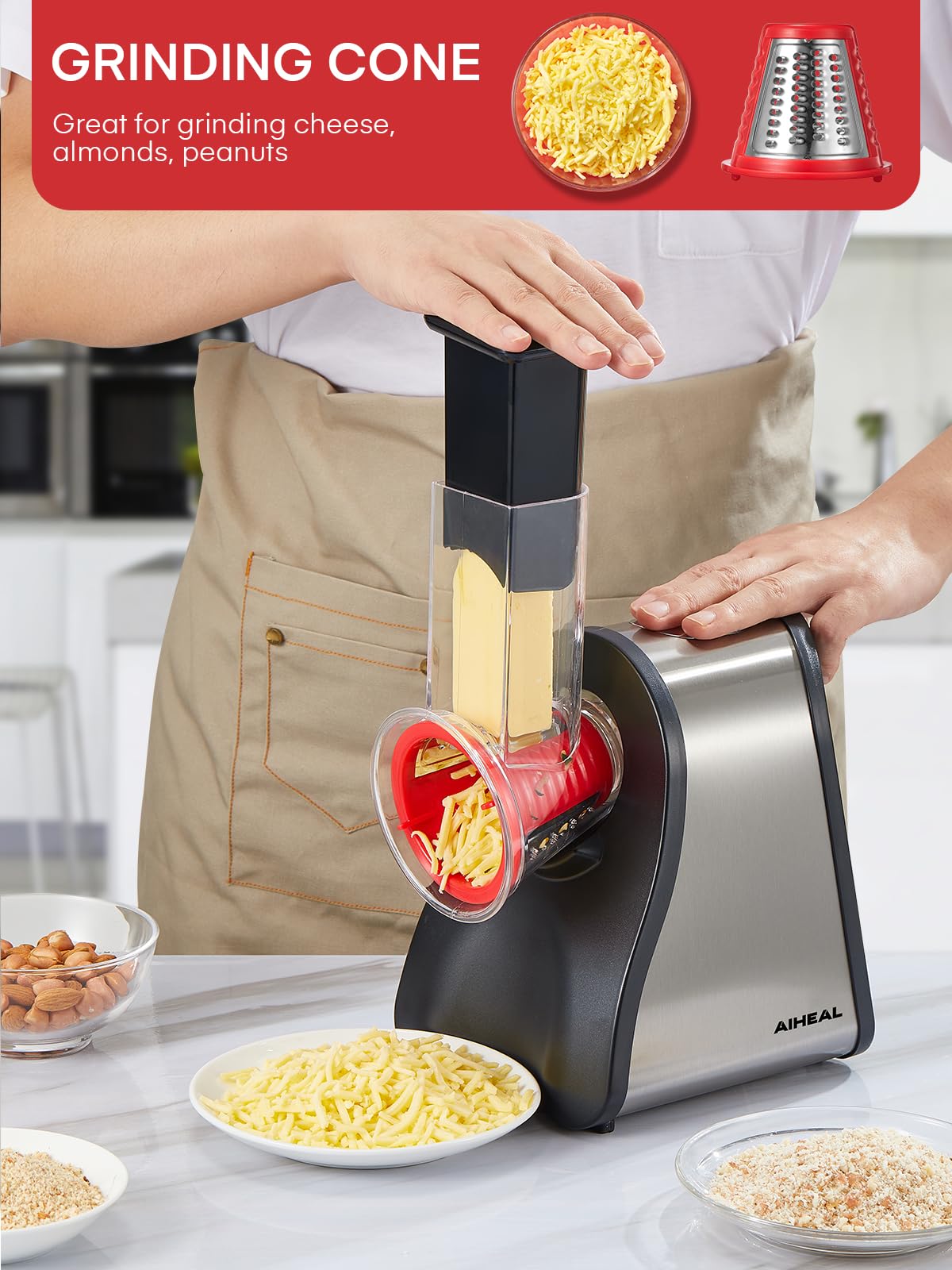 150W Electric Cheese Grater & Shredder - One-Touch Control Kitchen Appliance for Cheese, Cucumber, Carrot - Perfect for Pizza Topping, Salad Prep & Meal Prepping