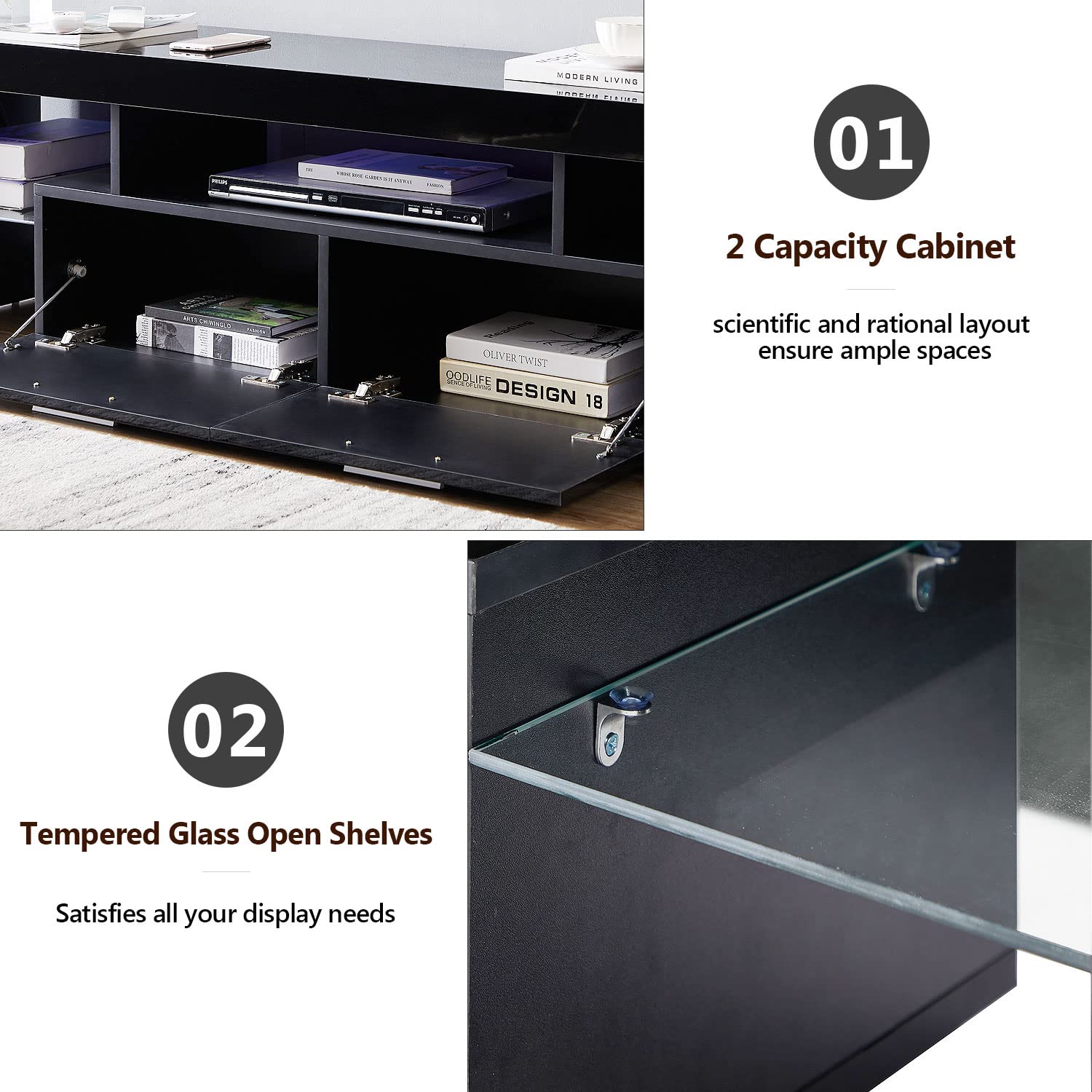 Upgrade LED TV Stand for 65 Inch TVs - 20 Minute Quick Assembly Black Entertainment Center with Storage Cabinet & LED Lights - High Gloss Media Console Table for Living Room - Perfect for Movie Nights & Gaming Setup