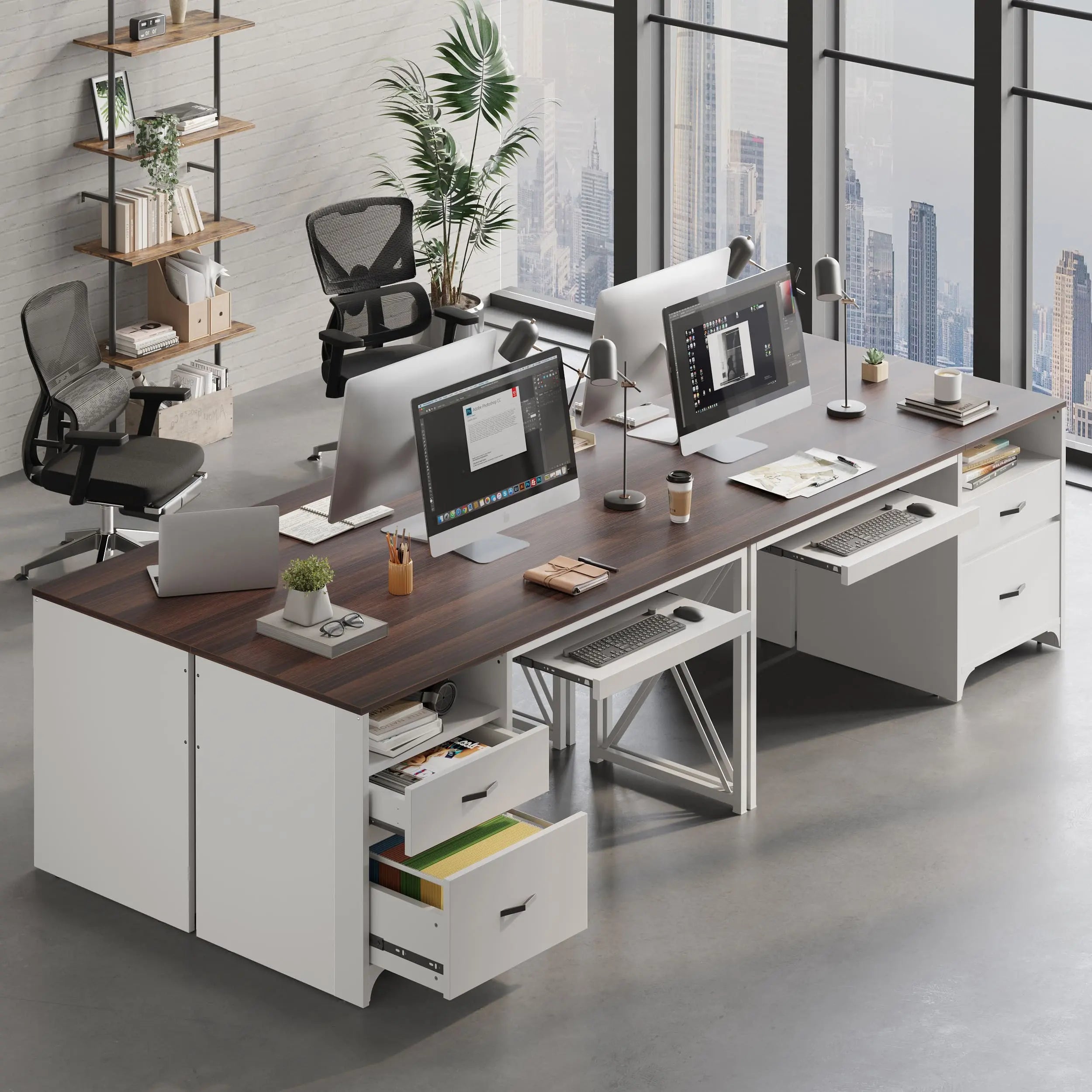 Bestier 55 Inch Industrial Office Computer Desk with Storage Shelf - Modern L-Shaped Writing Desk for Home Office, Gaming & Study - Sturdy Metal Frame Workstation with Drawers & Open Storage Space