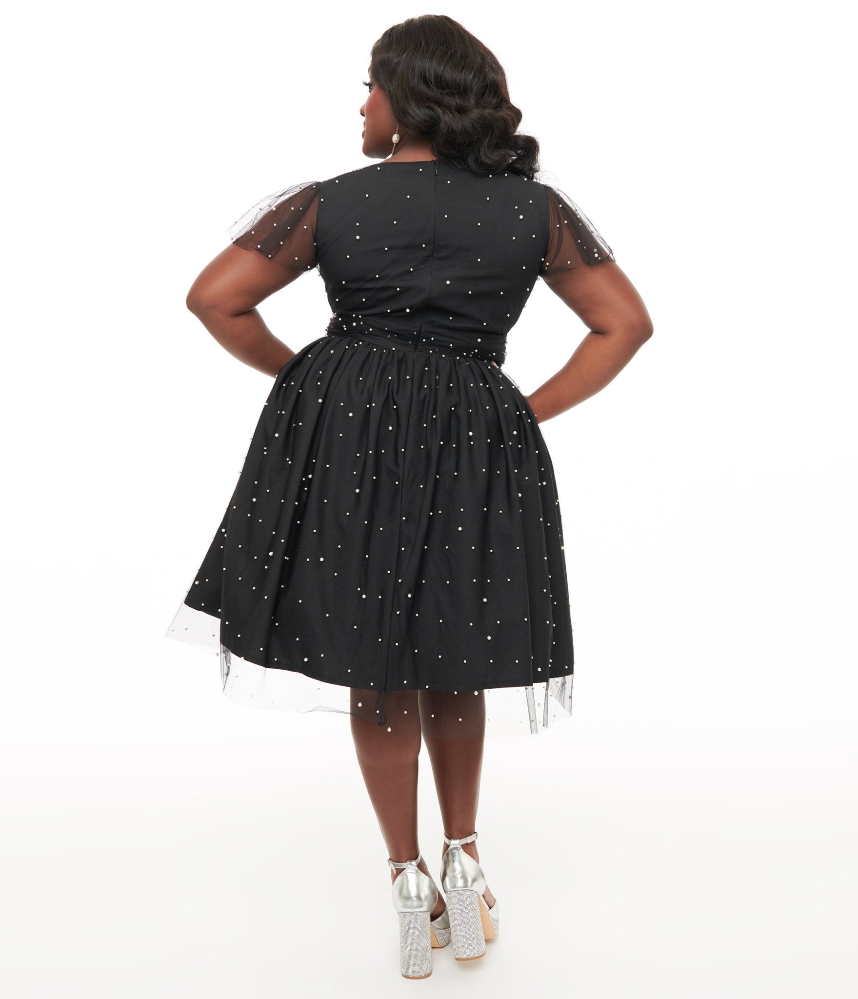Magnolia Place Plus Size 1950s Black Faux Pearl Swing Dress - Vintage Retro Rockabilly Dress for Women, Formal Evening Party & Special Occasions