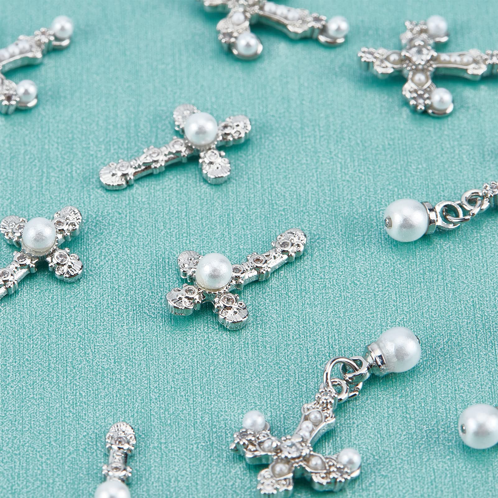 12Pcs 3D Cross Nail Art Charms Kit with Pearls - Mixed Size Antique Style Nail Rhinestones for Women & Girls (Silver) | Perfect for Nail Decorations, DIY Nail Art Designs, and Special Occasion Manicures
