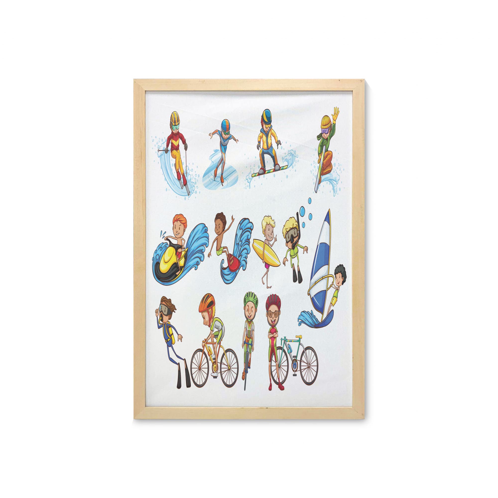 Ambesonne Sports Wall Art with Frame - Little Athletes Surfing, Swimming, Diving, Biking, Hiking & Skiing - Printed Fabric Poster for Bathroom, Living Room & Dorm Decor - 23