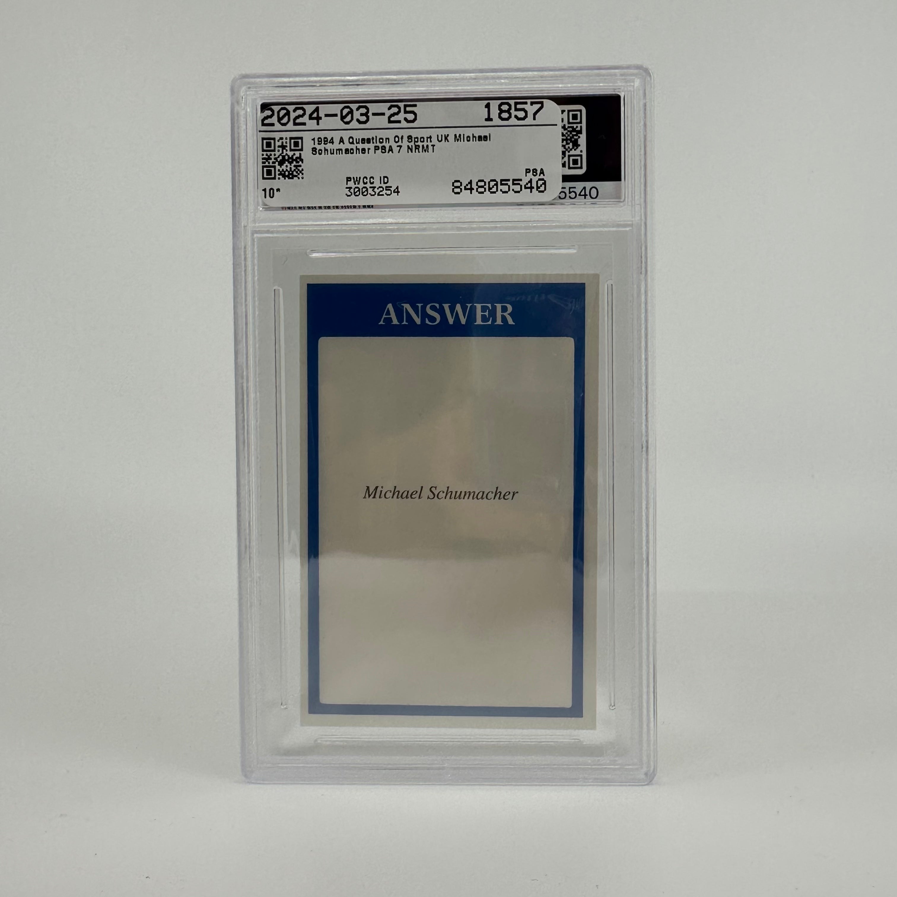 1994 Michael Schumacher PSA 7 Graded Trading Card - A Question of Sport - Rare Collectible for F1 Fans & Sports Memorabilia Enthusiasts - Perfect for Display, Investment & Gift Giving