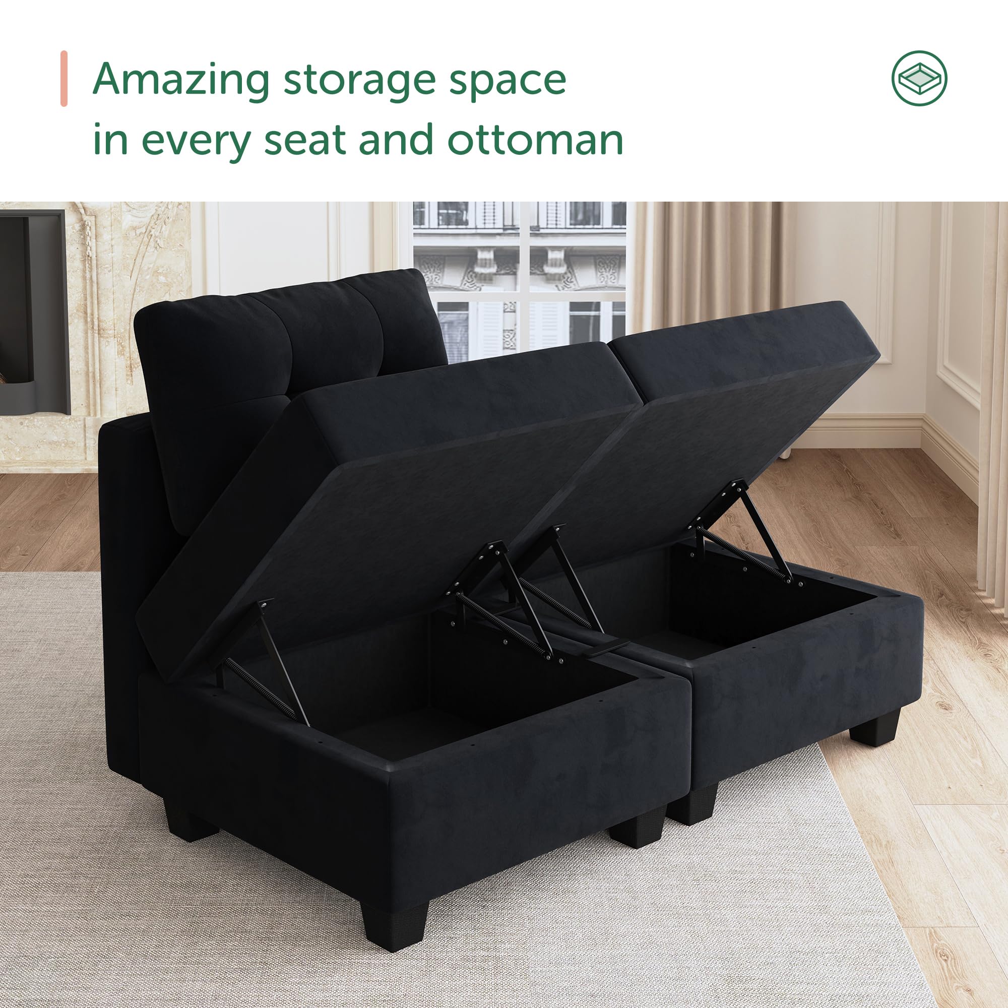 HONBAY Square Velvet Ottoman with Tufted Storage for Modular Sectional Sofa - Black | Perfect for Living Room, Bedroom & Home Decor