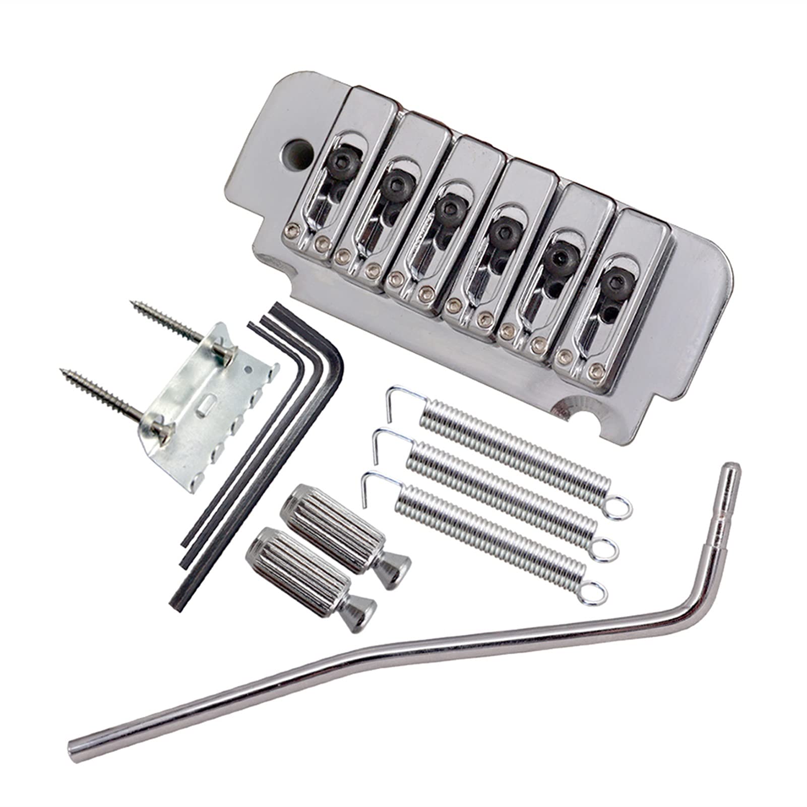 6 String Electric Guitar Roller Saddle Tremolo Bridge System - Silver | Includes Body Mount Claw Screws, Wrench & Tremolo Bar Studs | Perfect for Guitar Upgrades & DIY Repairs