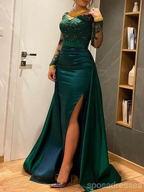 Elegant Green Mermaid Long Sleeve Prom Dress with High Slit - Formal Evening Gown for Homecoming, Pageant, and Special Occasions