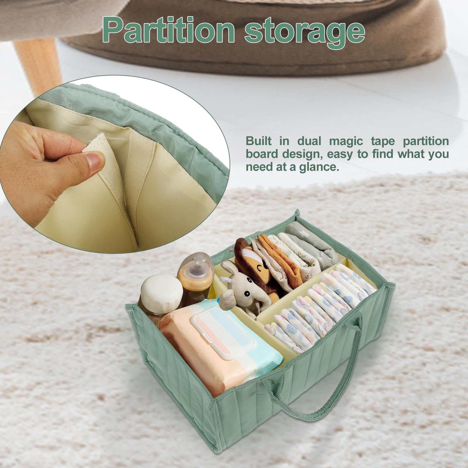 Abizarch Baby Diaper Caddy Organizer - Soft Polyester Storage Basket with Handle for Diapers, Wipes & Baby Essentials | Portable & Hangable for Nursery, Car Travel & Home Use
