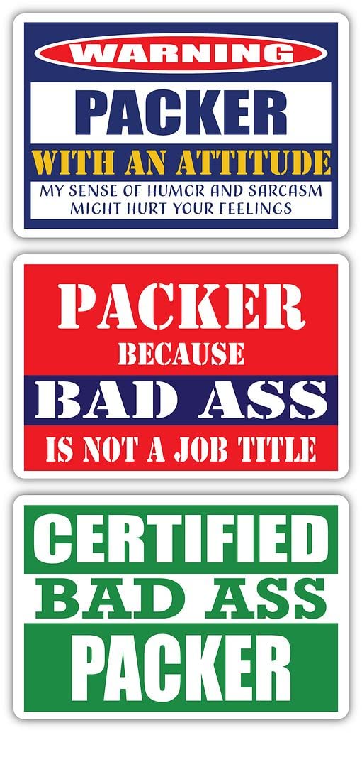 Certified Bad Ass Packer with an Attitude Stickers (3-Pack) | Funny Job & Career Gift for Coworkers | Durable 3M Vinyl Decals for Laptops, Hard Hats, Windows | Perfect for Office Humor & Workstation Customization