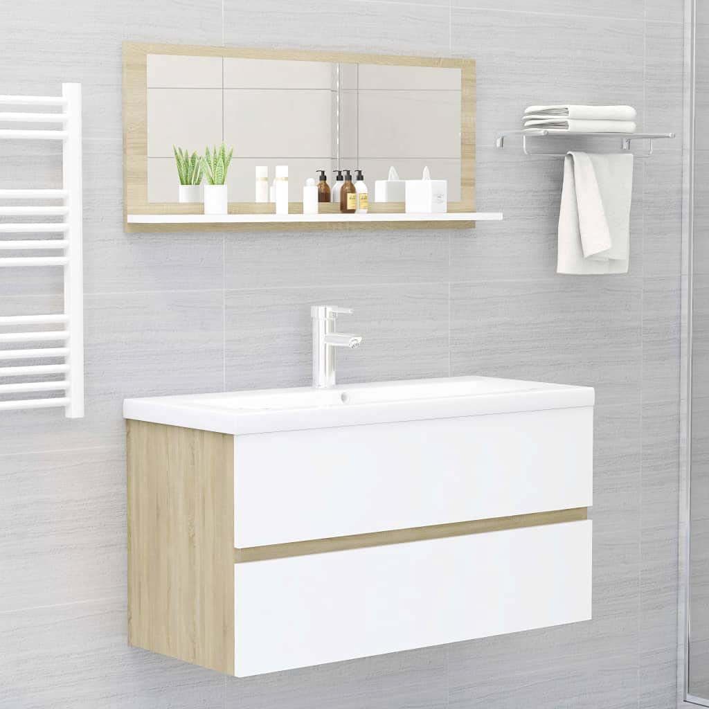 Modern Rectangle Wall Mirror - White & Sonoma Oak Bathroom Vanity Mirror 35.4x14.6 Inches - Chipboard Framed Wall-Mounted Mirror for Bathroom, Bedroom & Entryway Decor