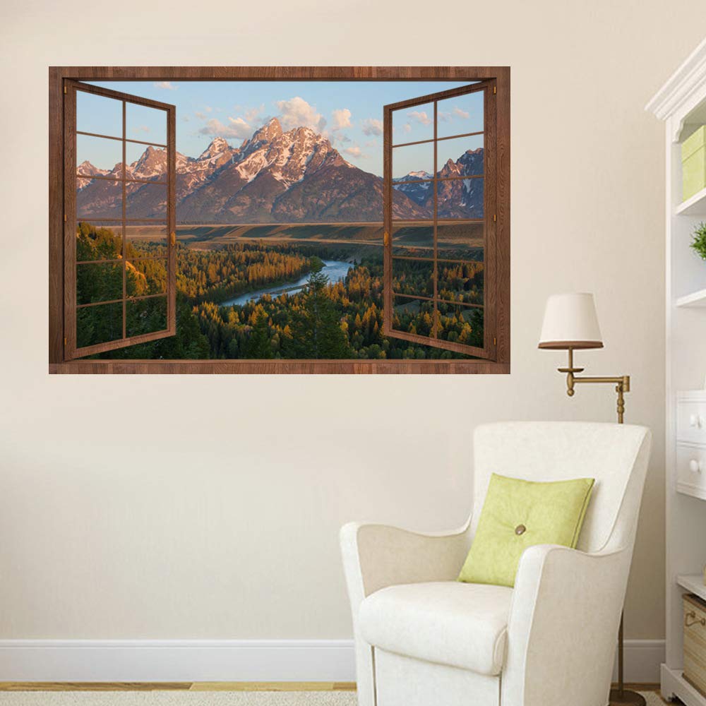 DNVEN 3D Fake Wood Window Decal - Mountain Lake Scenery Wall Sticker, High Definition Faux Window Frame Mural (28x20 inches) for Bedroom, Living Room & Playroom - Perfect for Home Decor, Office & Nursery Wall Art