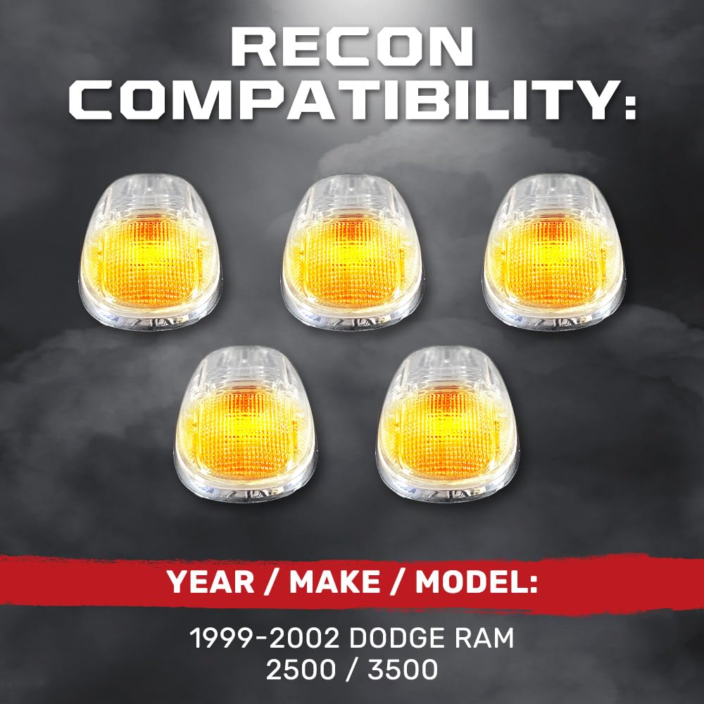 RECON 1999-2002 Dodge RAM HD 2500/3500 LED Cab Roof Lights - Ultra Bright Amber with Clear Lens for Enhanced Visibility & Safety in Off-Road, Construction, and Emergency Vehicle Use