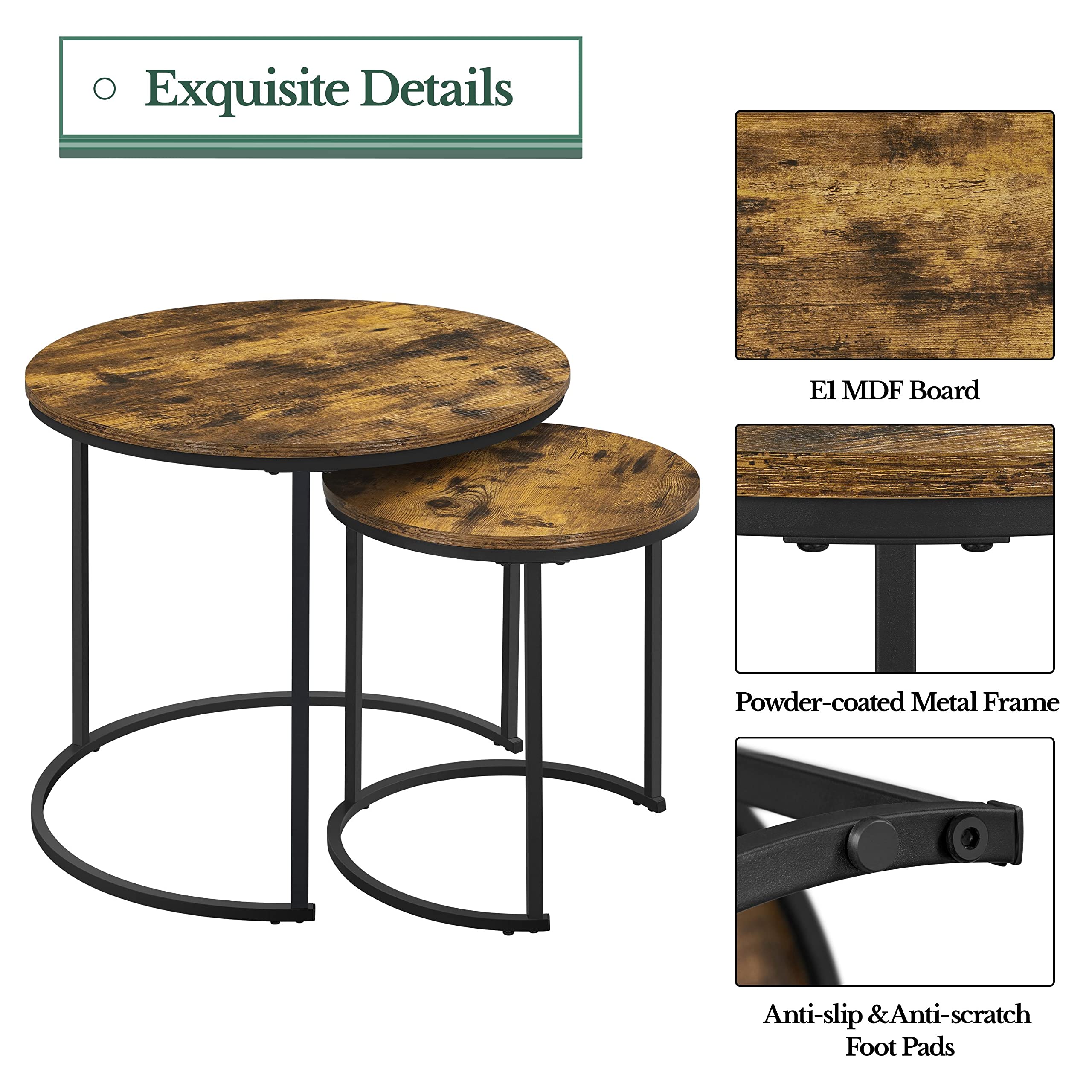 Yaheetech 2-Piece Round Nesting Coffee Table Set - Rustic Brown Wooden Tabletop with Sturdy Metal Frame - Stackable End Tables for Living Room, Bedroom, or Office - Perfect for Small Spaces and Home Decor