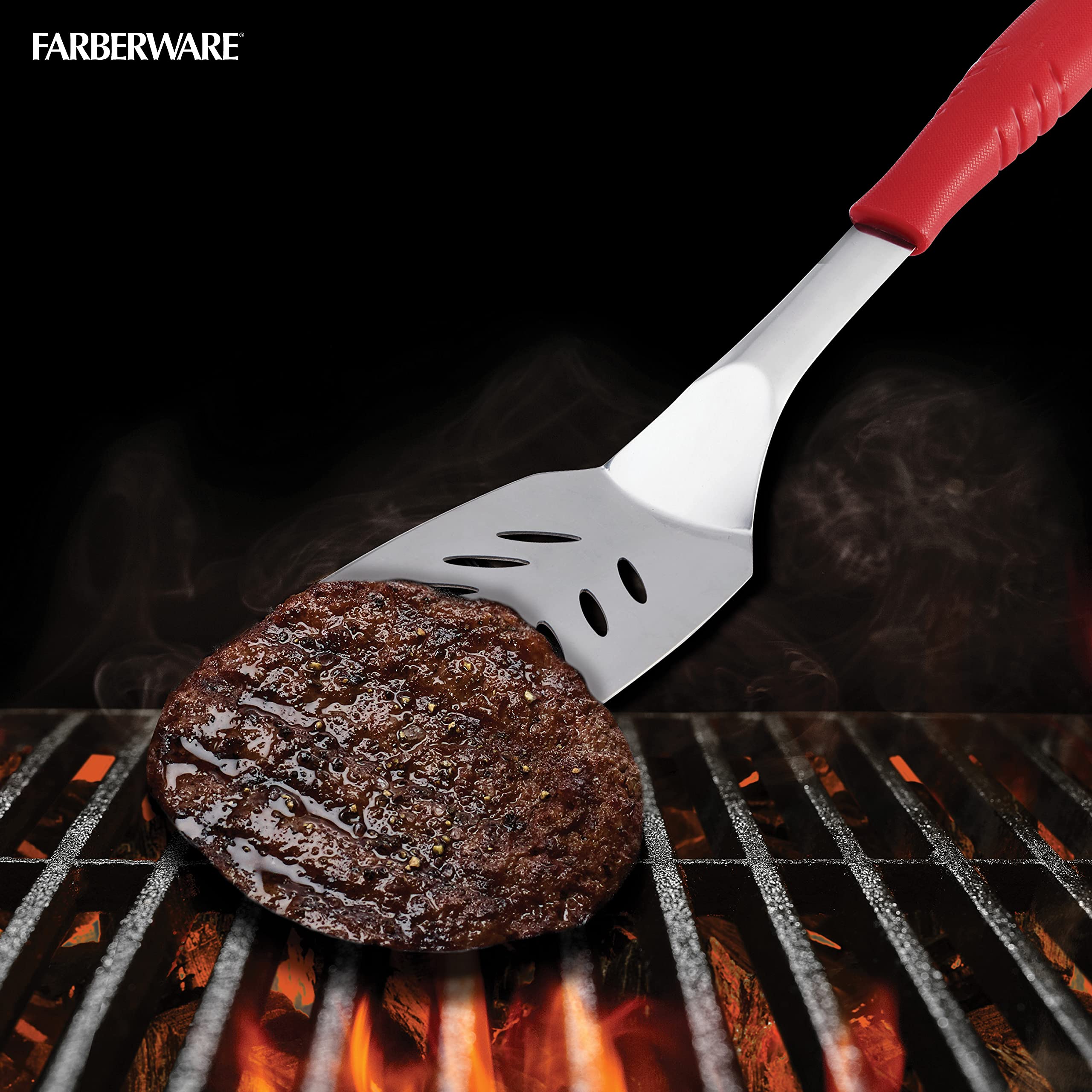 Farberware 16.75-Inch Red BBQ Grill Turner Spatula - Heavy Duty Stainless Steel for Grilling Burgers, Steaks & Vegetables - Perfect for Backyard BBQs, Picnics & Outdoor Cooking