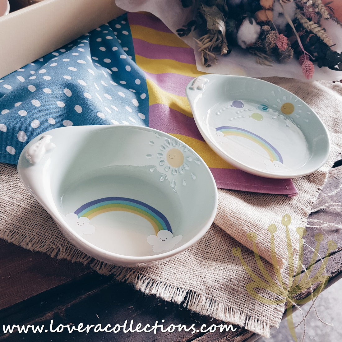Chikudouen x Lovera Blue Balloon Kids Dinnerware Set - 4-Piece Children's Tableware Gift for Birthday & Holidays (Plates, Bowls, Cups & Utensils) - Perfect for Parties, Daily Meals & Special Occasions