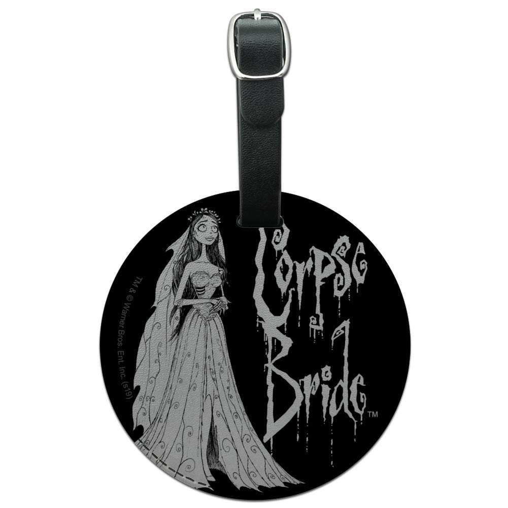 Corpse Bride Logo & Silhouette Leather Luggage Tag - Round Carry-On ID Tag for Suitcases, Backpacks & Travel Bags | Perfect for Halloween Travel, Cosplay Events & Tim Burton Fans