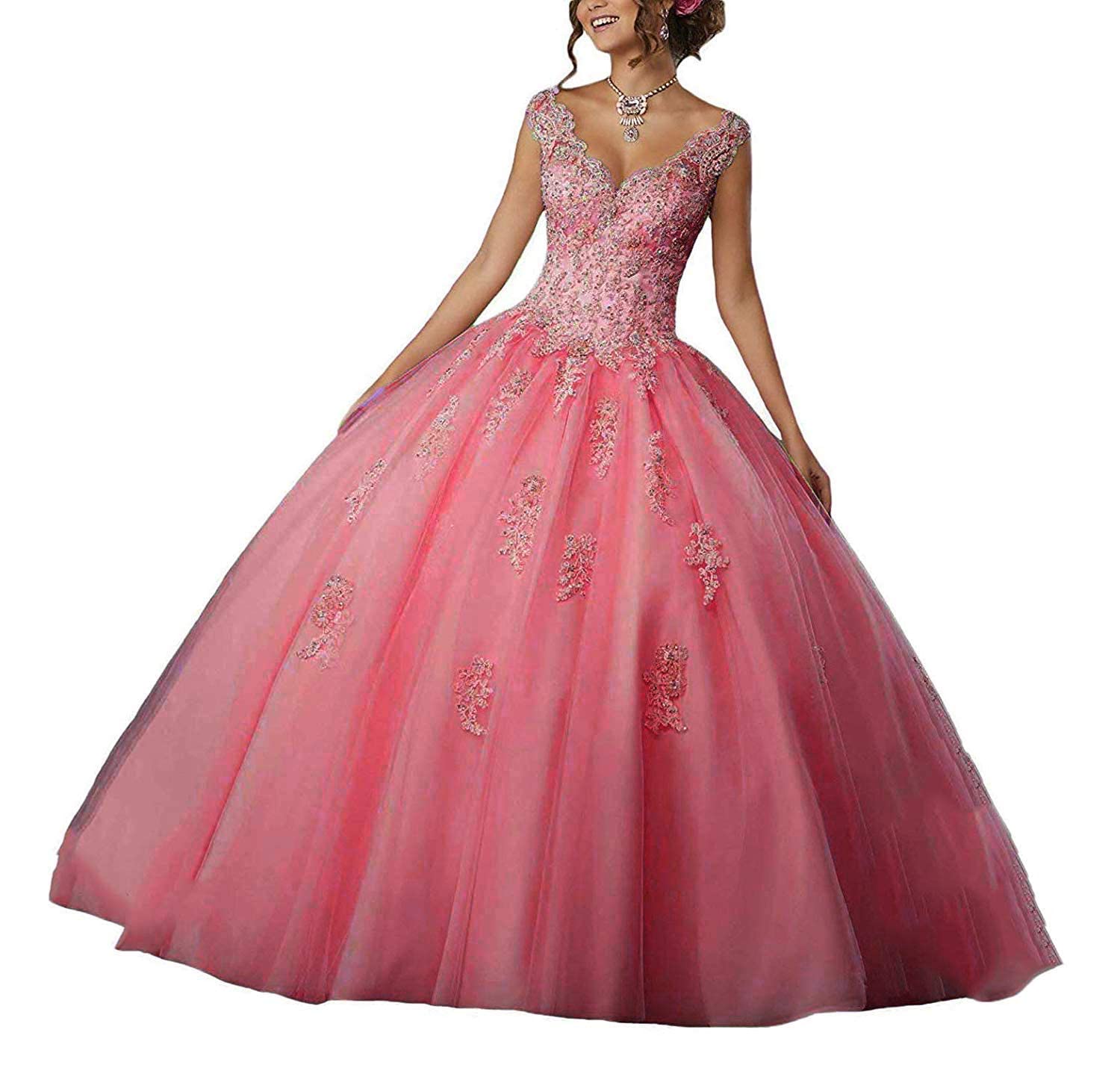 Natasha Girls V-Neck Beaded Lace Quinceañera Dress with Appliques - Sweet 16 Birthday Party, Prom, Homecoming Ball Gown 014 | Perfect for Formal Dances, Quinceañeras, Sweet 16 Celebrations & Special Occasions