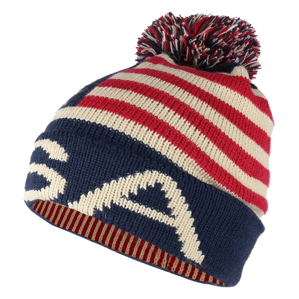 Youth USA Text and Flag Winter Cuff Folded Beanie Hat with Pom Pom - Warm Knit Hat for Boys & Girls - Perfect for Snow Days, Winter Sports & Outdoor Activities