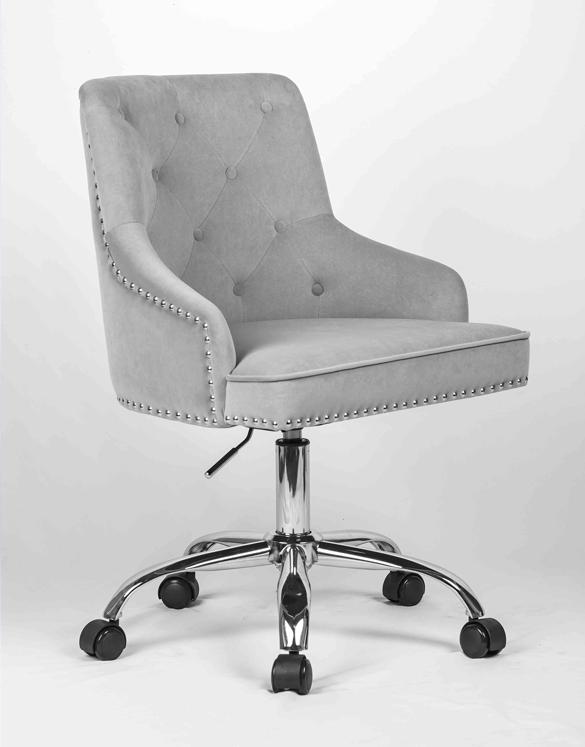 Luxury Velvet Office Chair with Tufted Back & Nailhead Trim - Adjustable Swivel Computer Desk Chair with Arms - Elegant Grey Vanity Chair for Home Office, Bedroom & Dressing Room