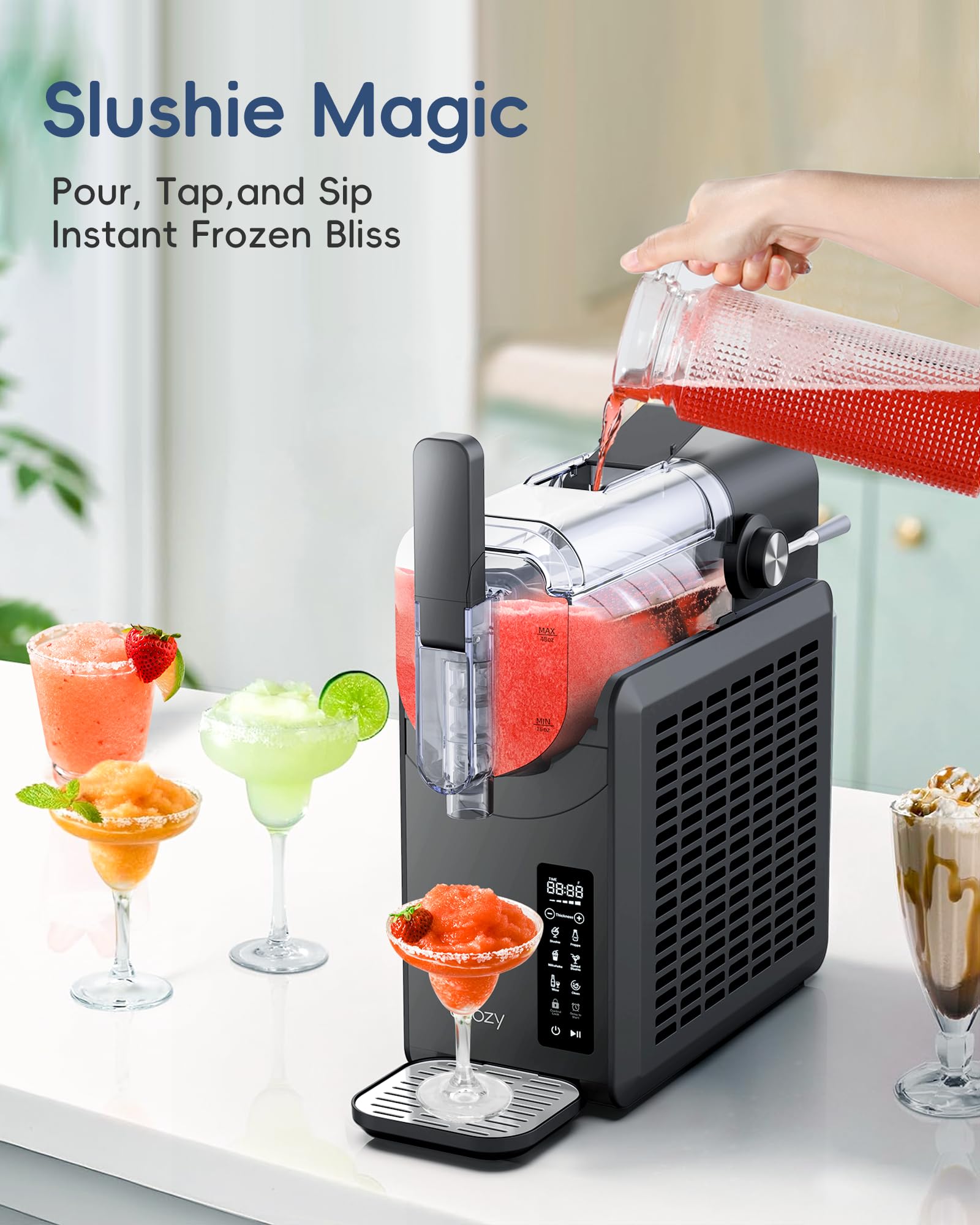 Ecozy 68 oz Slushie Machine with 24-Hour Timer & No Ice Cooling Technology - Touch Screen Frozen Drink Maker for Margaritas, Frappés, Milkshakes - Auto Cleaning & 5 Preset Programs - Perfect for Home Parties, Summer BBQs, and Kids' Treats