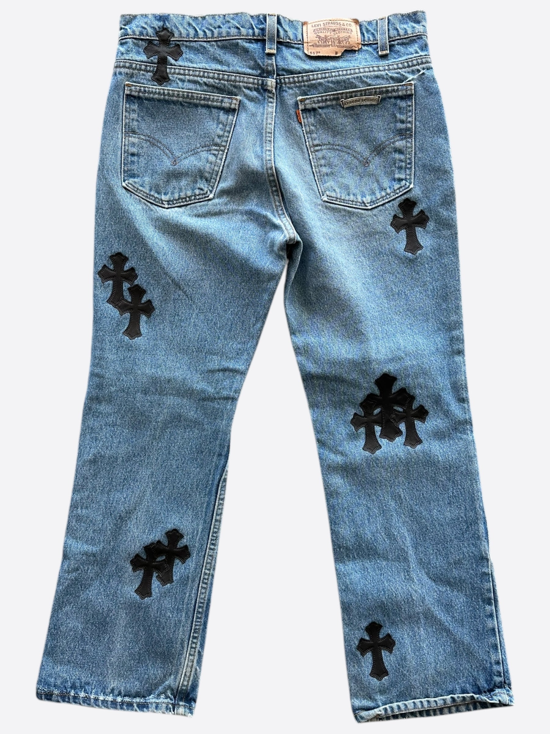 Chrome Hearts x Levi's Blue & Black Cross Patch Denim Jeans for Men - Stylish Vintage Streetwear for Casual Outfits & Night Out