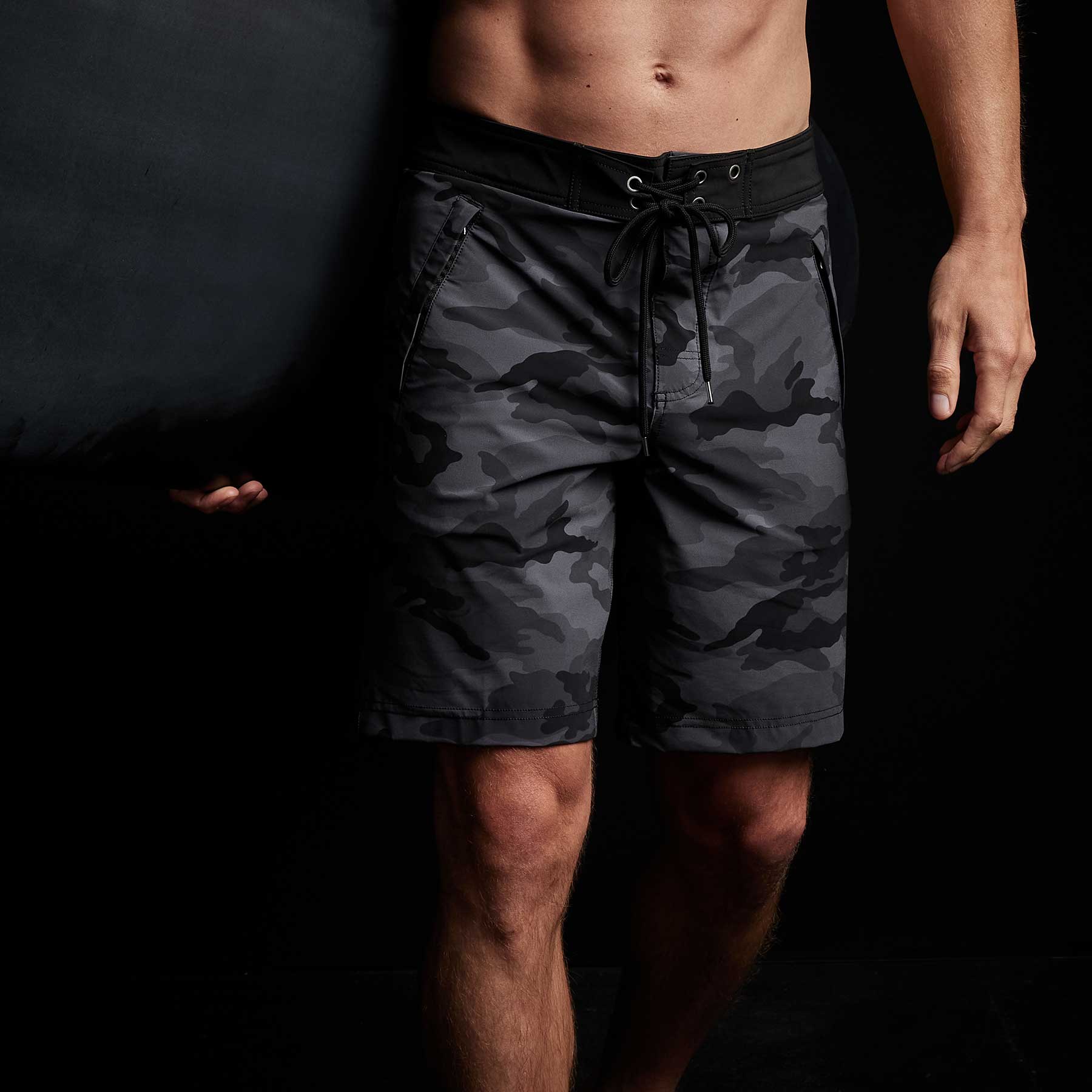 Men's Camo Zip Pocket Boardshorts - Black Sea Camo/Black - Quick-Dry Swim Trunks for Beach, Pool & Surfing