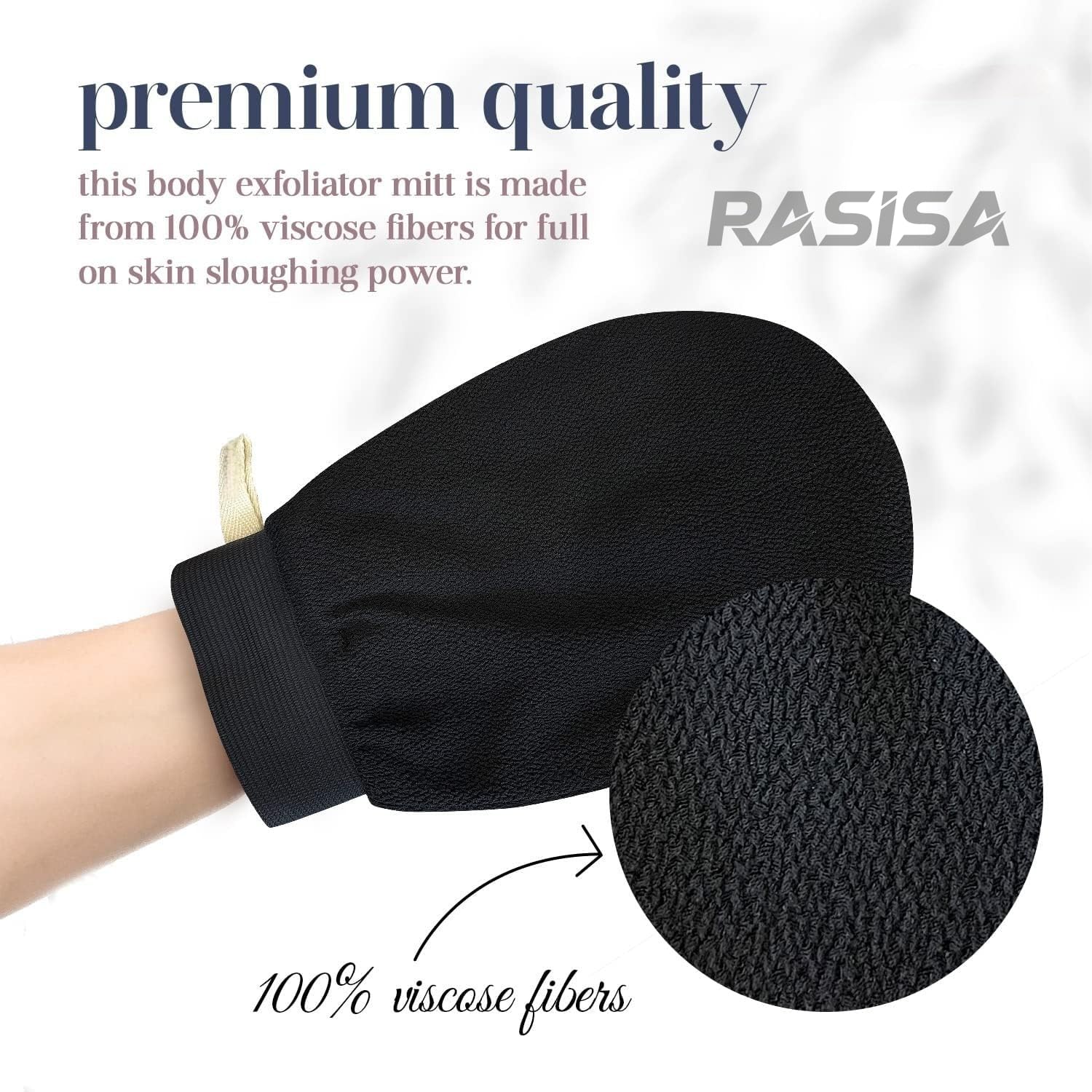 Rasisa Body Exfoliating Glove - Pure Viscose Fiber Double-Layered Exfoliator for Dead Skin & Tan Removal, Face & Body Scrubber (Black) - Perfect for Spa, Shower & At-Home Skincare Routine
