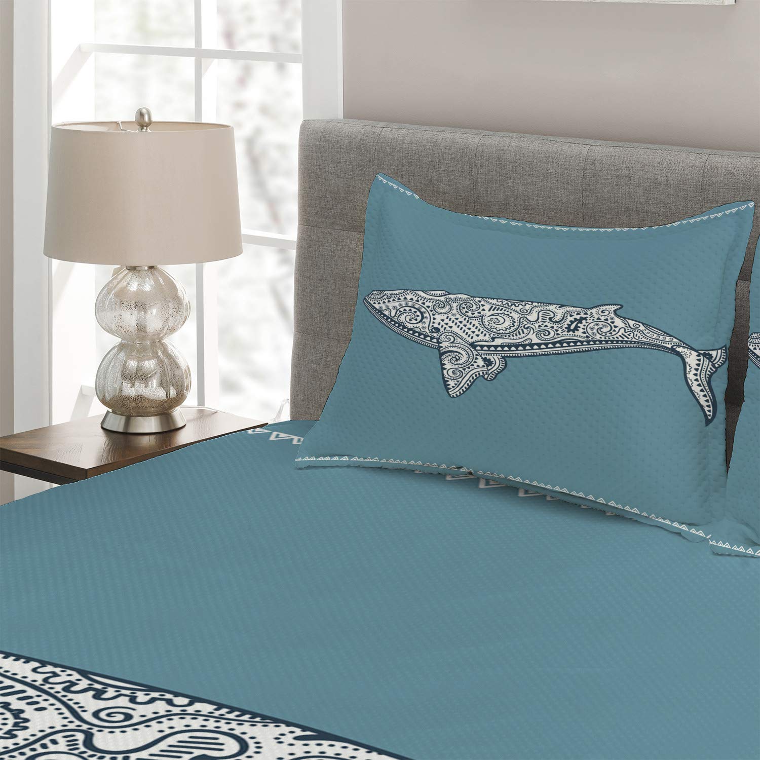 Ambesonne Nautical King Size Quilted Bedspread Set - 3 Piece Whale & Totem Design with Antique Paisley Pattern in Slate Blue & White | Includes 2 Pillow Shams | Perfect for Coastal, Beach House or Nautical Theme Bedrooms