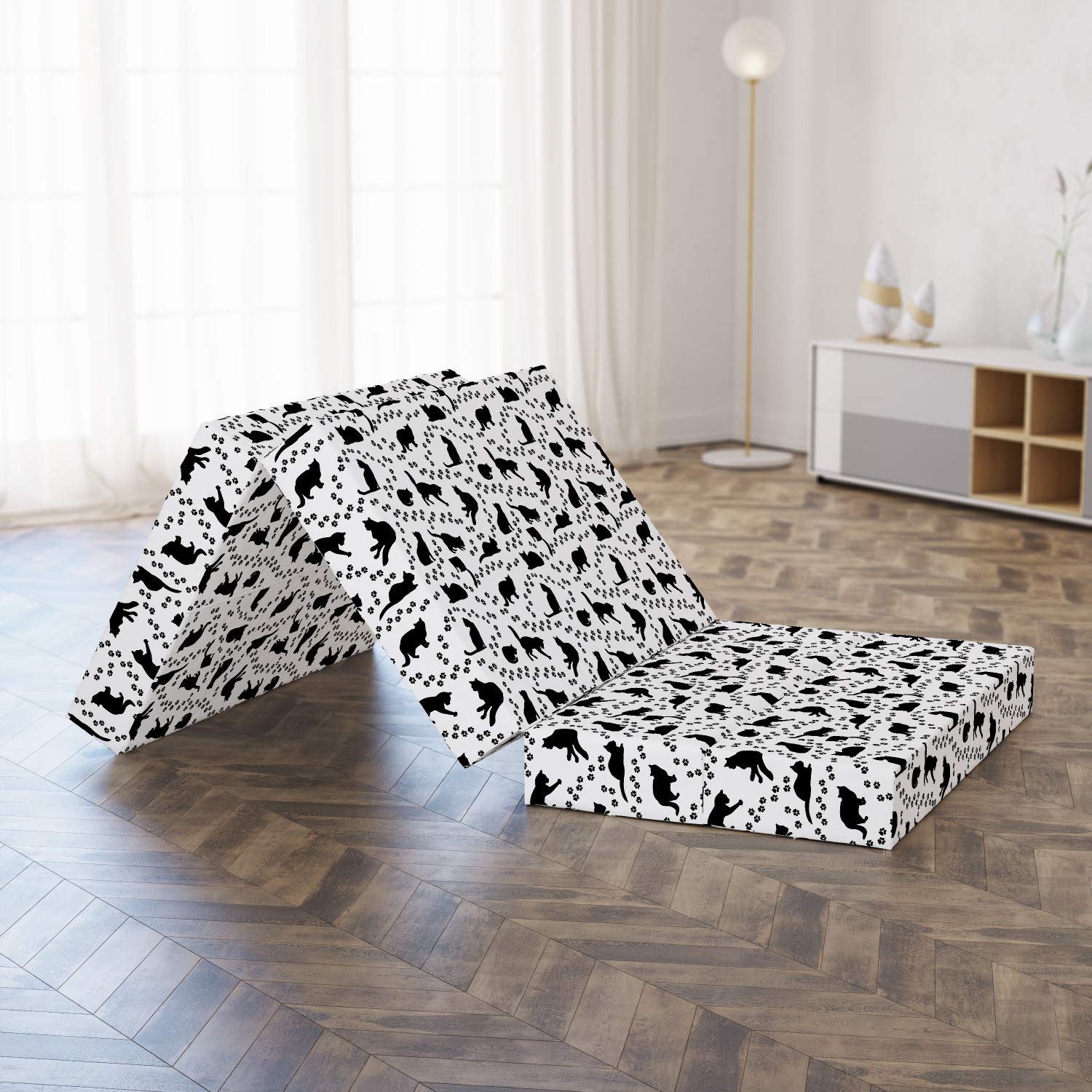 Ambesonne Cat Foldable Mattress with Kittens Footprints Paws Design - 74.8
