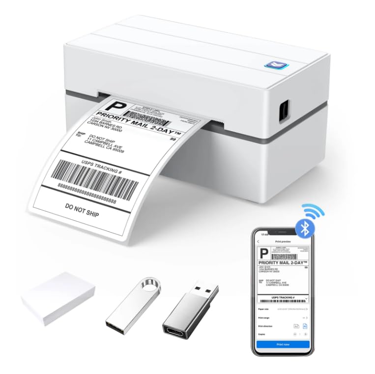 Wireless Bluetooth Label Printer 4x6 (102x152mm) - Compatible with iPhone, Android, Mac & Windows | Thermal Shipping Label Maker for UPS, FedEx, USPS, DHL | Perfect for Small Business, Home Office & E-commerce Shipping