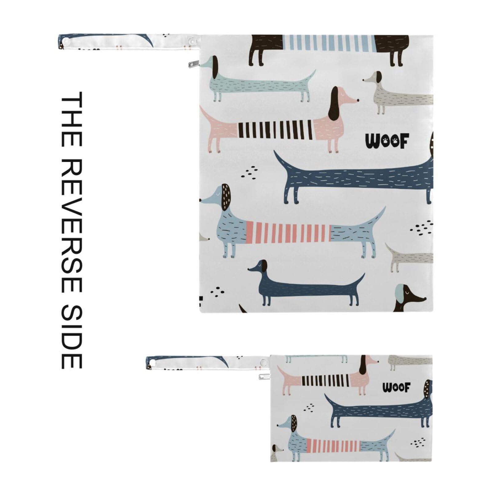 Qilmy 2-Pack Waterproof Reusable Wet Dry Bags for Baby Diapers, Swimsuits & Toiletries - Cute Dachshund Dog Design - Perfect for Travel, Beach, Stroller & Daycare Use