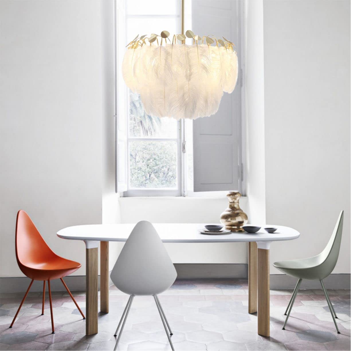 Modern Nordic Feather Pendant Light - Elegant Feather Chandelier for Bedroom, Dining Room & Girls Room | BOKT Large Feather Hanging Lamp for Romantic Home Decor & Ceiling Lighting