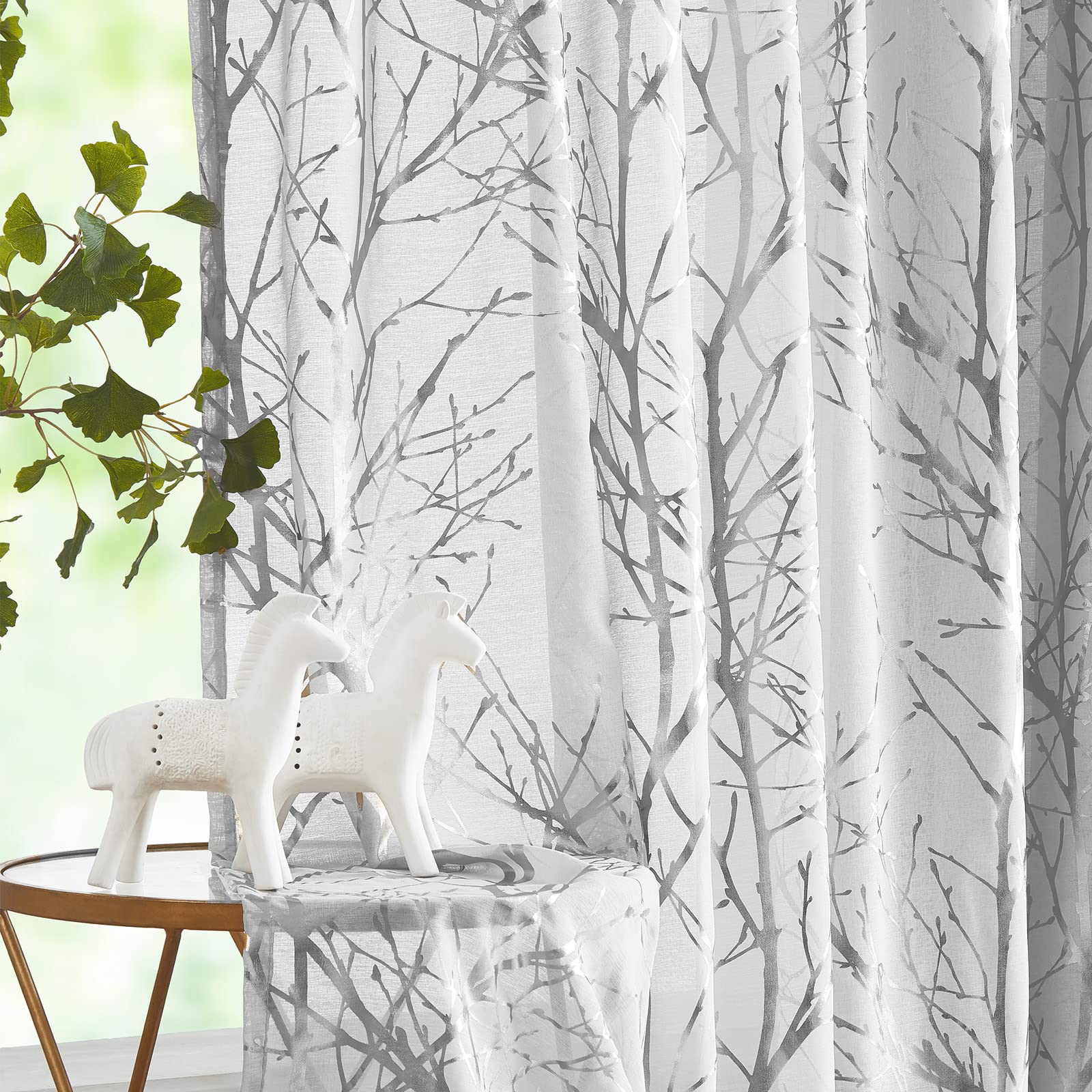 FMFUNCTEX Grey Sheer Curtains 45-inch - Silver Tree Branch Light Filtering Window Panels for Kitchen, Laundry Room, Living Room (Set of 2) | Elegant Home Decor & Privacy Sheers for Bedroom & Office Windows