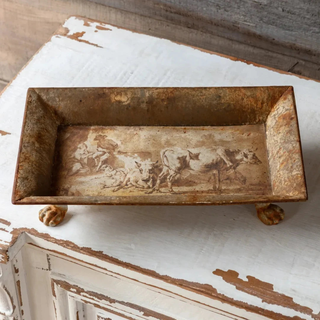 Vintage Burnished Rectangular Tole Tray - Hand-Painted Metal Serving Tray for Coffee Table Decor, Dining Table Centerpiece, or Wall Display