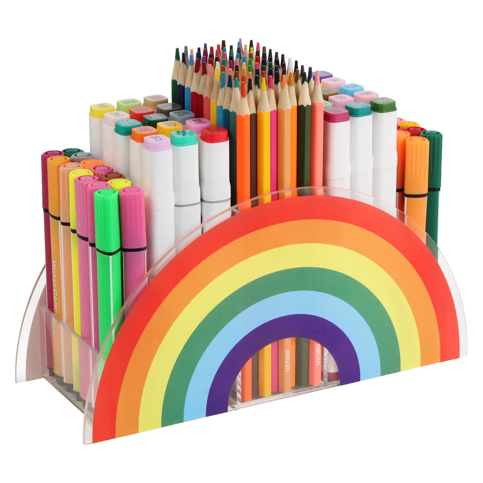 Flytreal Clear Acrylic Pen & Pencil Holder - Rainbow Desk Organizer for Home Office, School & Art Supplies | Corner Storage Stand for Women, Kids & Students | Perfect for Study, Work & Crafting