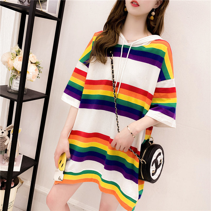 Harajuku Rainbow Stripe Hoodie for Women - Loose Pullover Sweatshirt | Pastel Pink Japanese Fashion | Cute & Sweet Girls Outfit | Perfect for Streetwear, Kawaii Style & Casual Wear