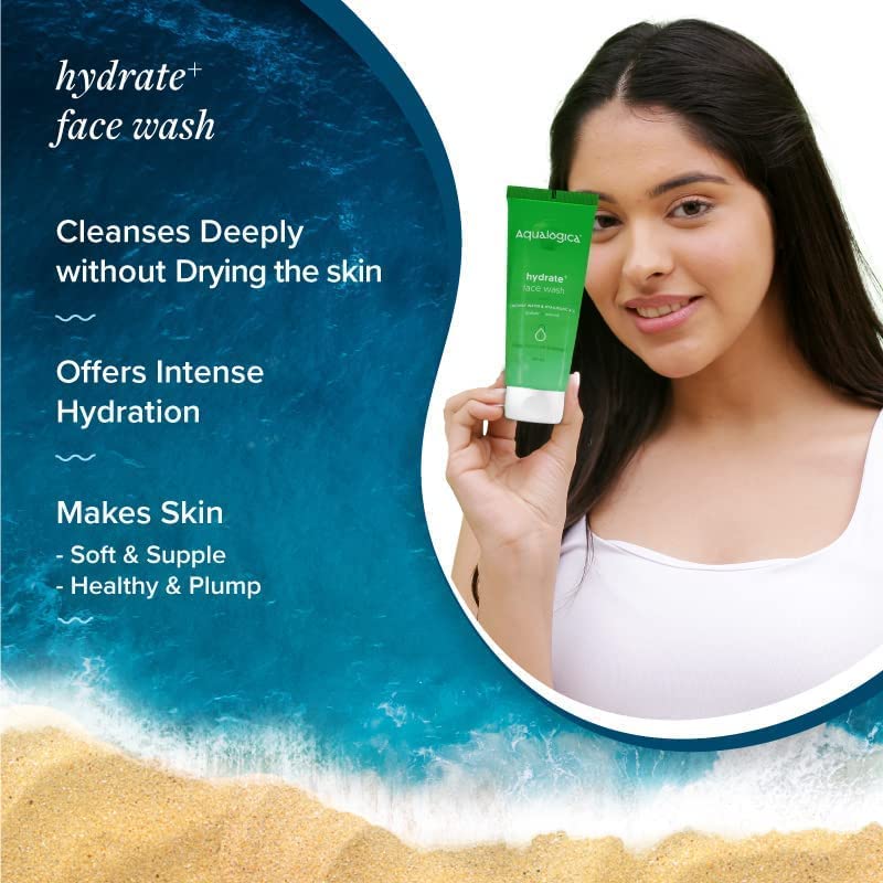 Aqualogica Hydrate+ Face Wash with Hyaluronic Acid & Coconut Water | Deep Cleansing & Hydrating Facial Cleanser for Men & Women | Oily, Combination & Glowing Skin Care | 100ml | Perfect for Daily Skincare Routine & Travel