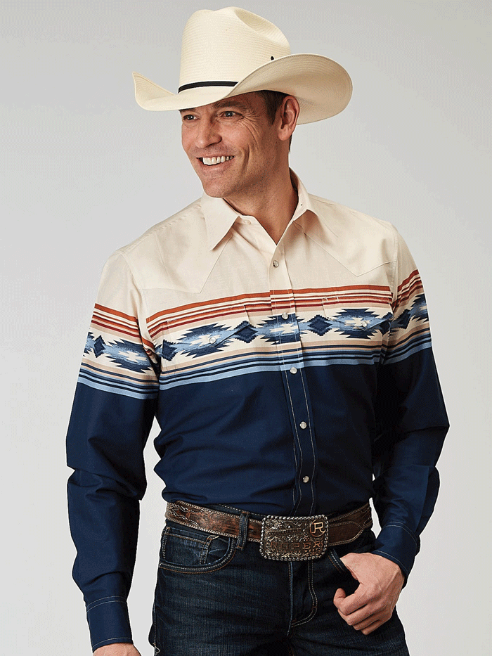 Roper Men's Aztec Border Print Long Sleeve Shirt - Blue Casual Button Up Shirt for Men | Western Style Work & Outdoor Wear