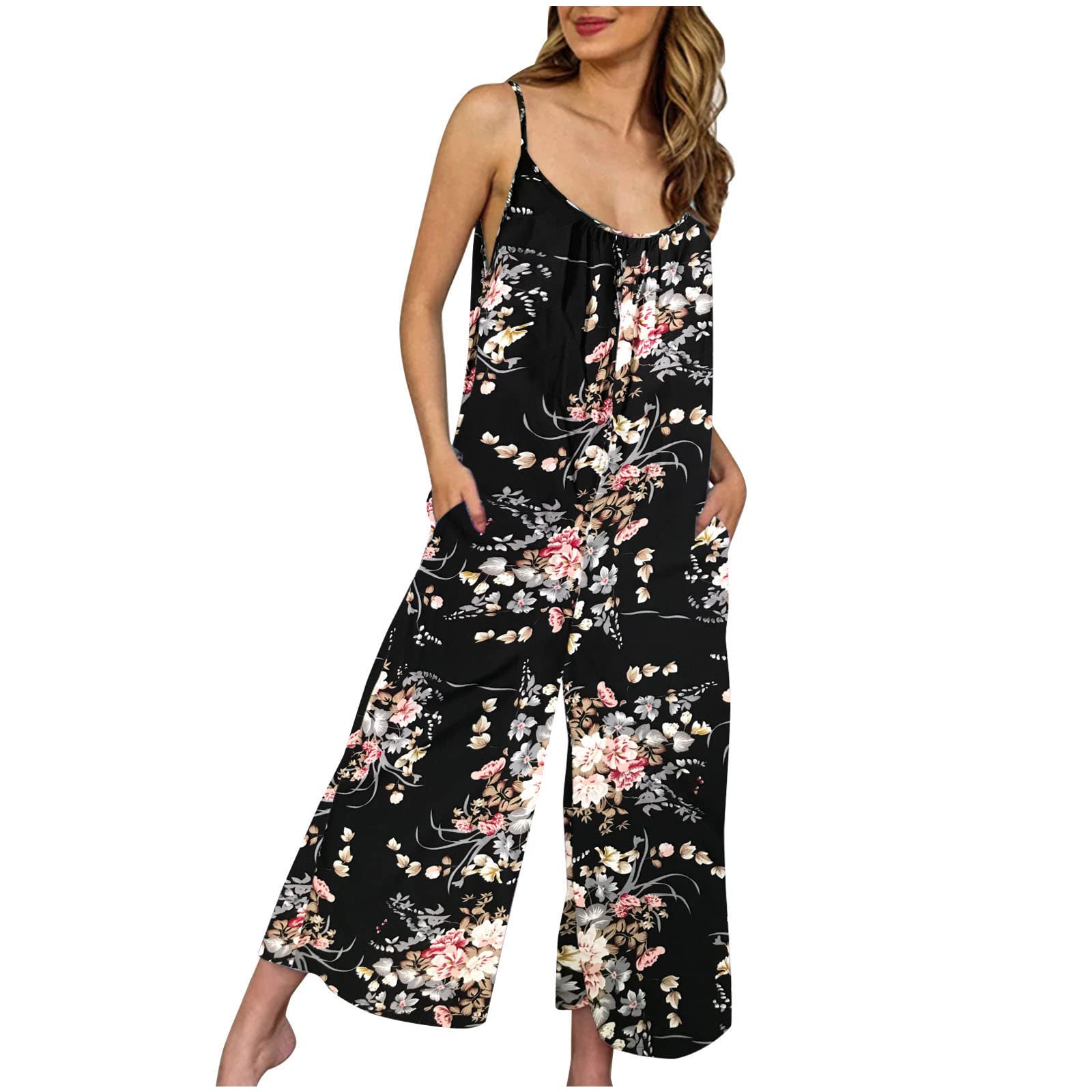 JUPAOPON Women's Summer Sleeveless Backless Romper Jumpsuit - Casual Loose Printed Pantsuit for Beach, Vacation & Outdoor Activities | Plus Size Options Available