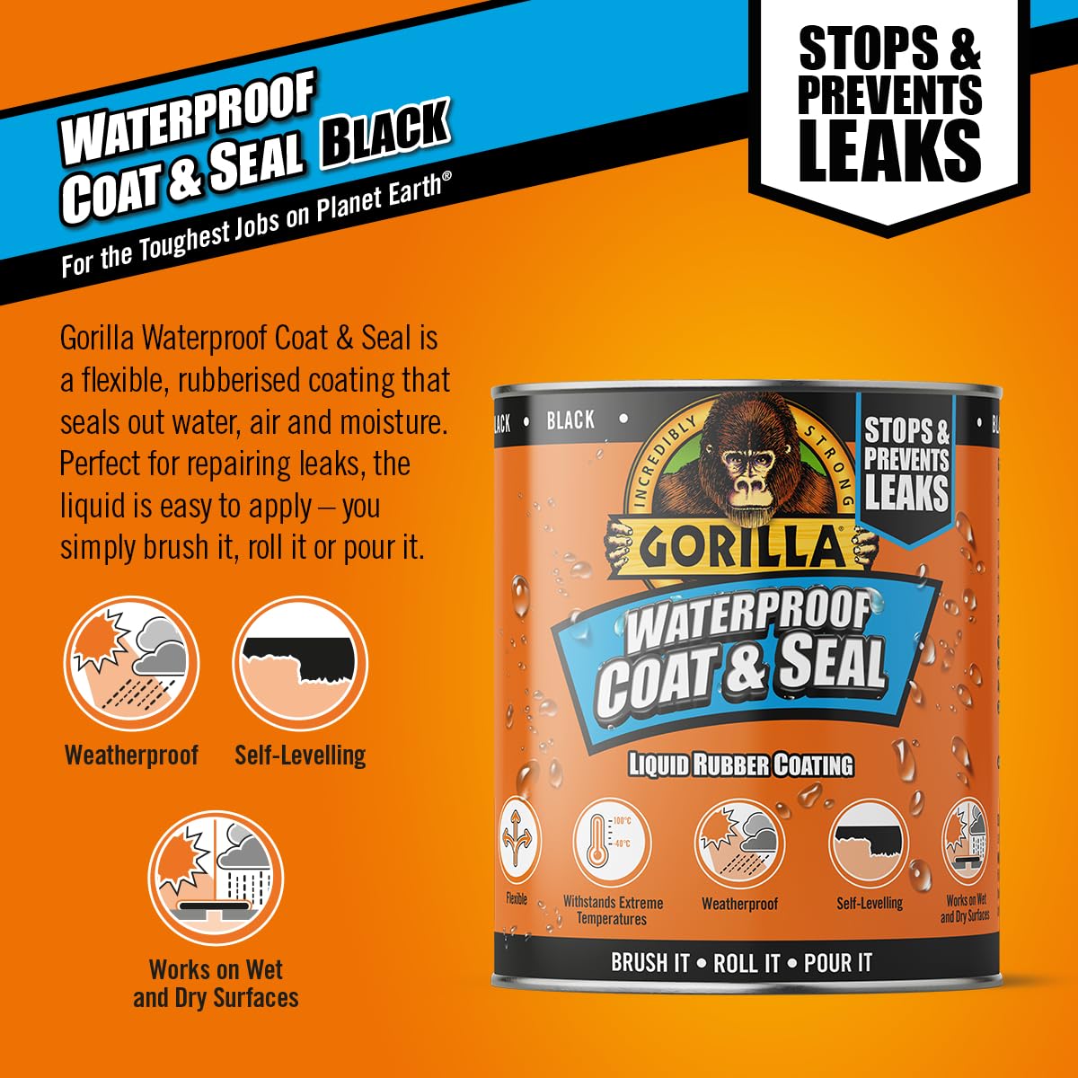 Gorilla Waterproof Coat & Seal - Heavy Duty Waterproofing Adhesive for Roofs, Gutters, and Outdoor Repairs | Ideal for Home, RV, and Marine Use