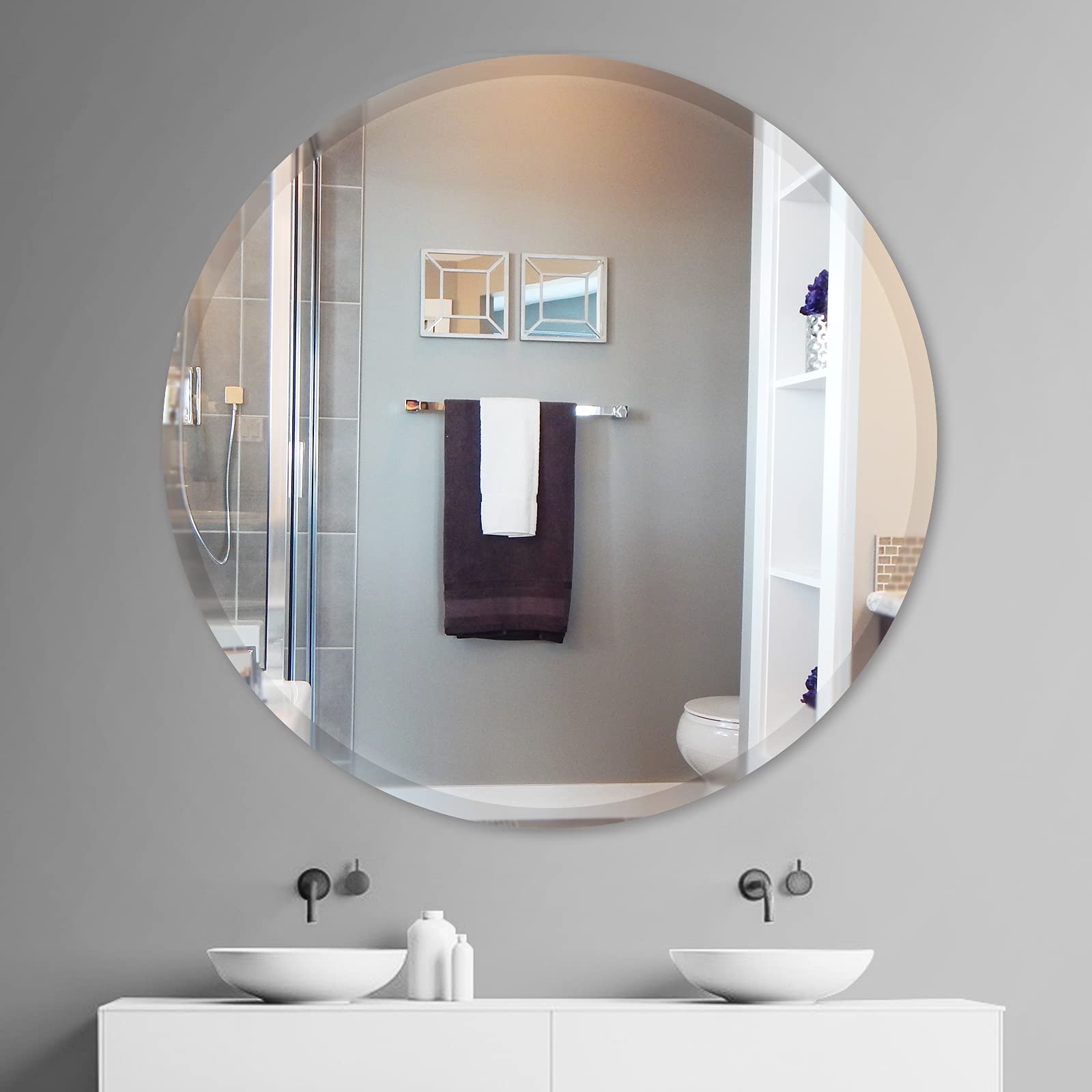 24 Inch Round Frameless Bathroom Mirror with Beveled Edge - Modern Circle Vanity Mirror for Bathroom, Bedroom, Living Room & Entryway Decor - Perfect for Makeup, Shaving & Home Interior Design