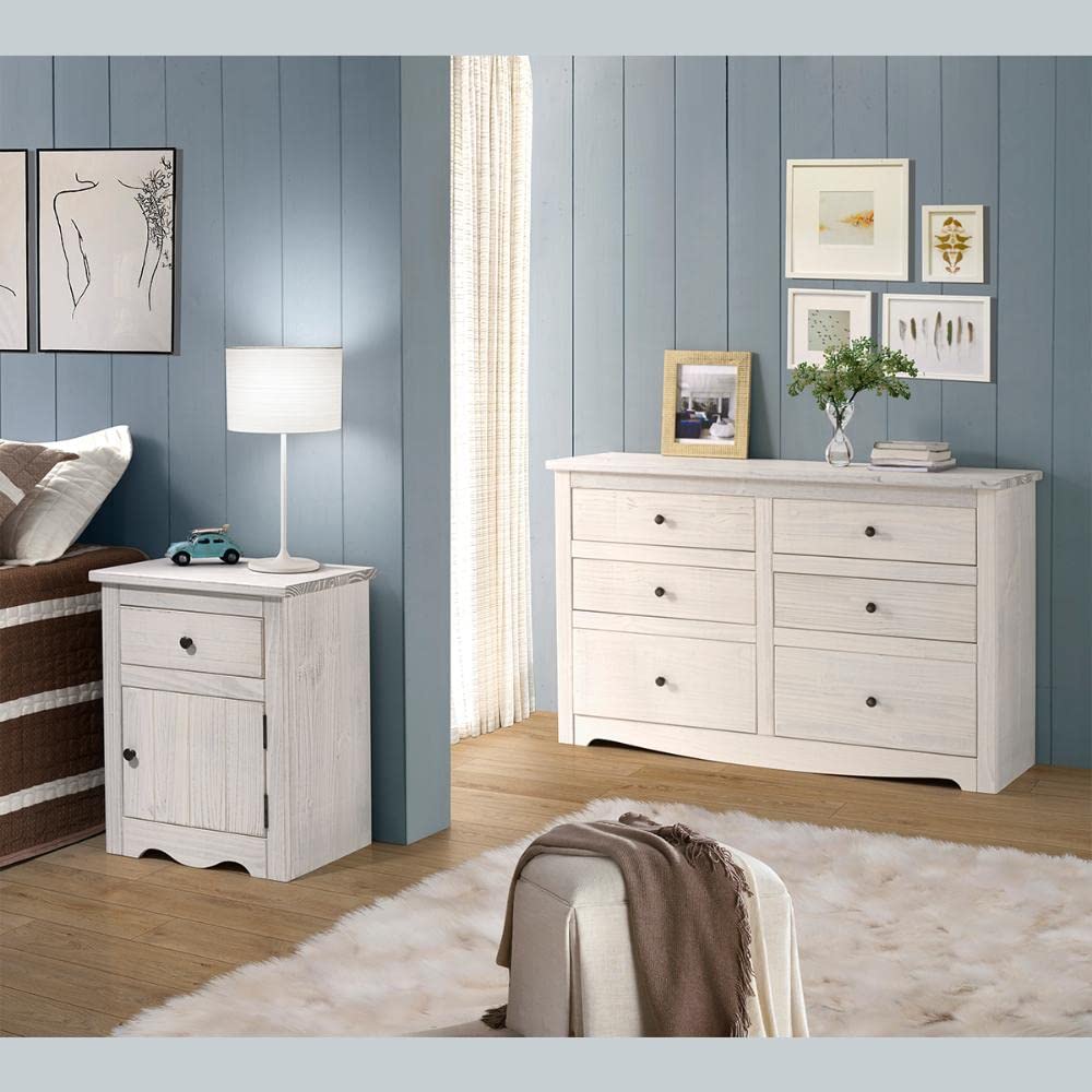 Distressed White Wood Nightstand with 1 Door & 1 Drawer - Bedside Table for Bedroom, Living Room, or Guest Room Storage